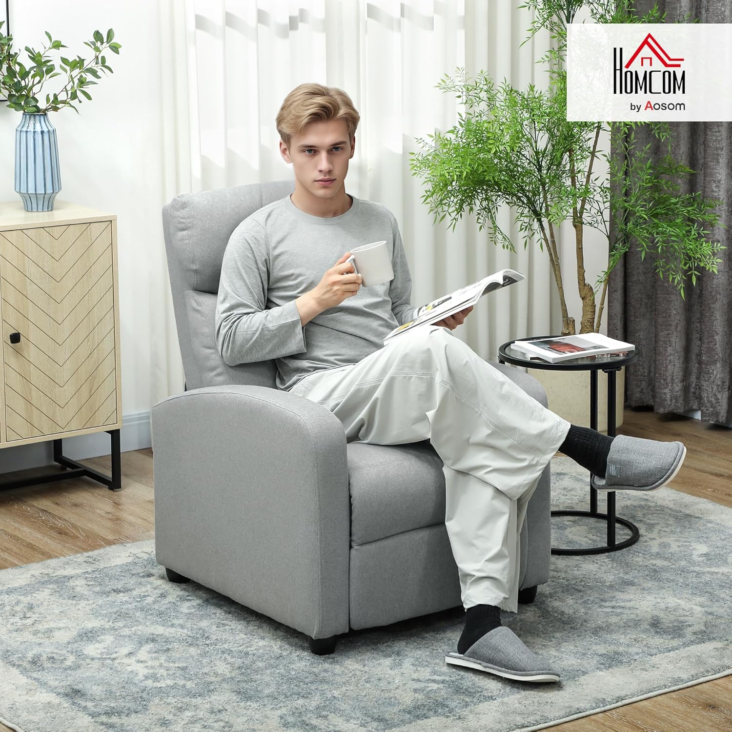 HOMCOM Relaxsessel Fernsehsessel mit Liegefunktion, Leinenoptik, Gepolstert TV-Sessel mit Fußstütze, für Wohnzimmer, Schlafzimmer, Hellgrau — Ansicht 2