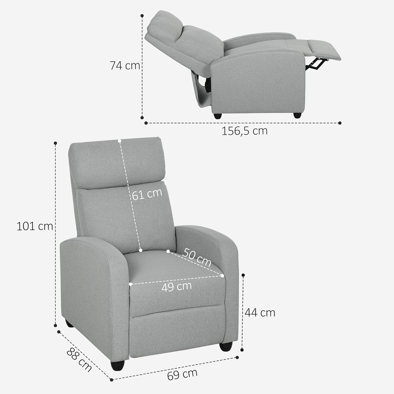 HOMCOM Relaxsessel Fernsehsessel mit Liegefunktion, Leinenoptik, Gepolstert TV-Sessel mit Fußstütze, für Wohnzimmer, Schlafzimmer, Hellgrau — Ansicht 3