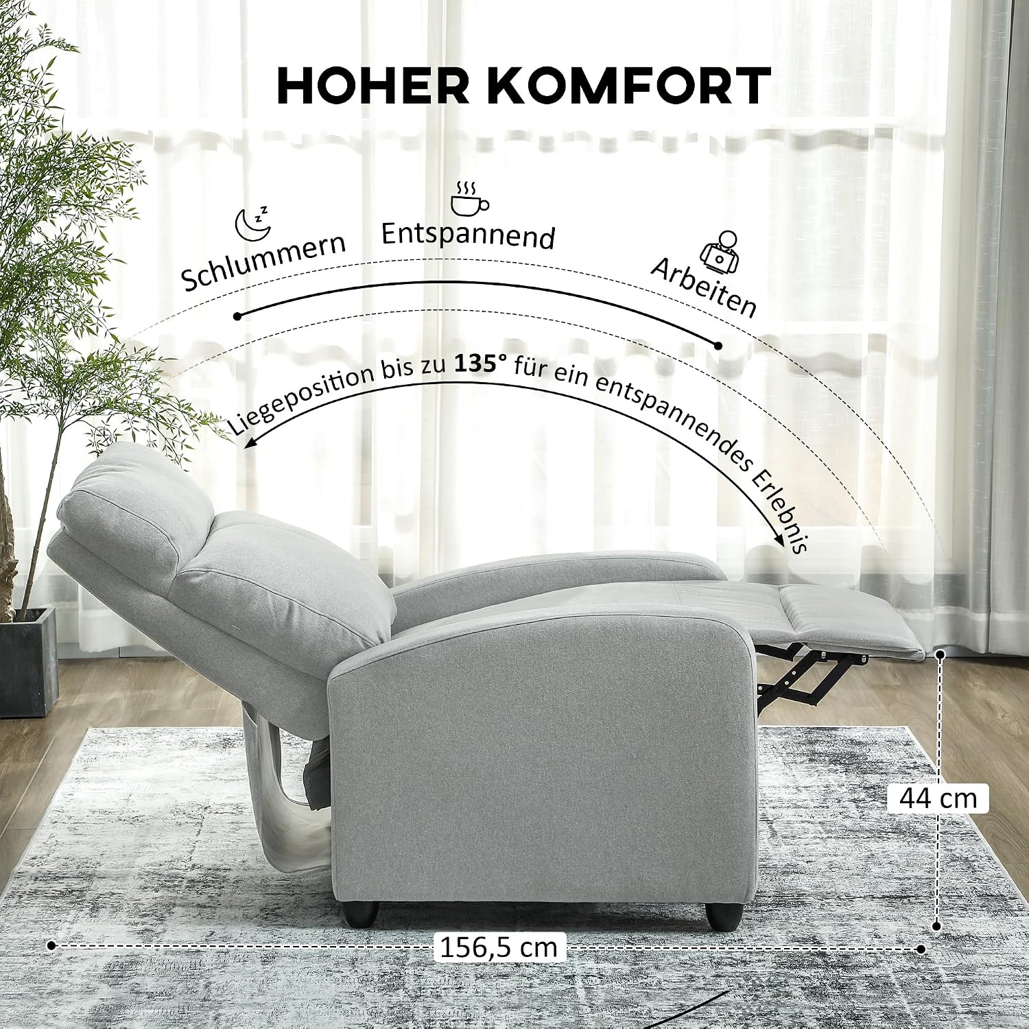 HOMCOM Relaxsessel Fernsehsessel mit Liegefunktion, Leinenoptik, Gepolstert TV-Sessel mit Fußstütze, für Wohnzimmer, Schlafzimmer, Hellgrau — Ansicht 4