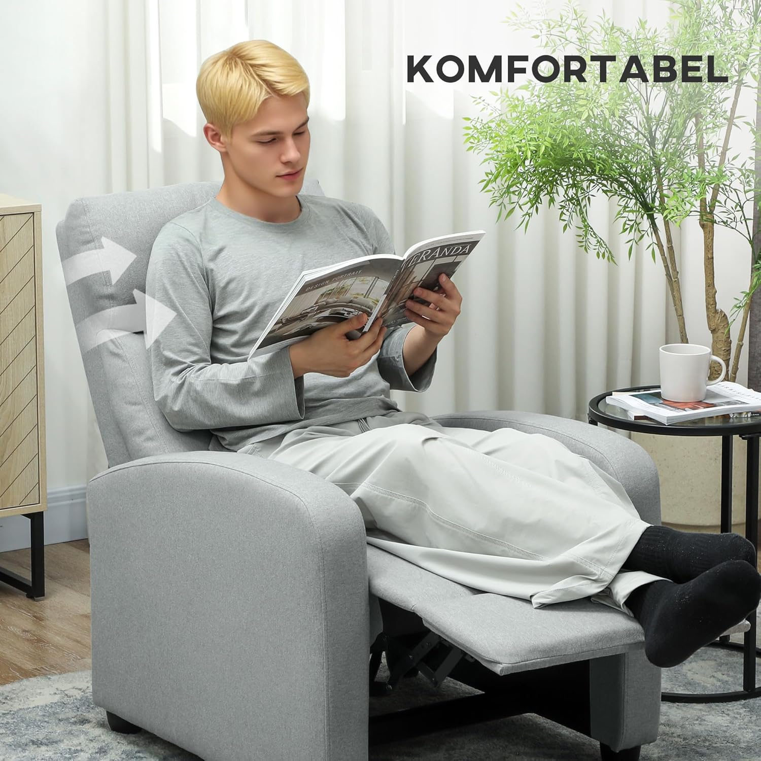 HOMCOM Relaxsessel Fernsehsessel mit Liegefunktion, Leinenoptik, Gepolstert TV-Sessel mit Fußstütze, für Wohnzimmer, Schlafzimmer, Hellgrau — Ansicht 5
