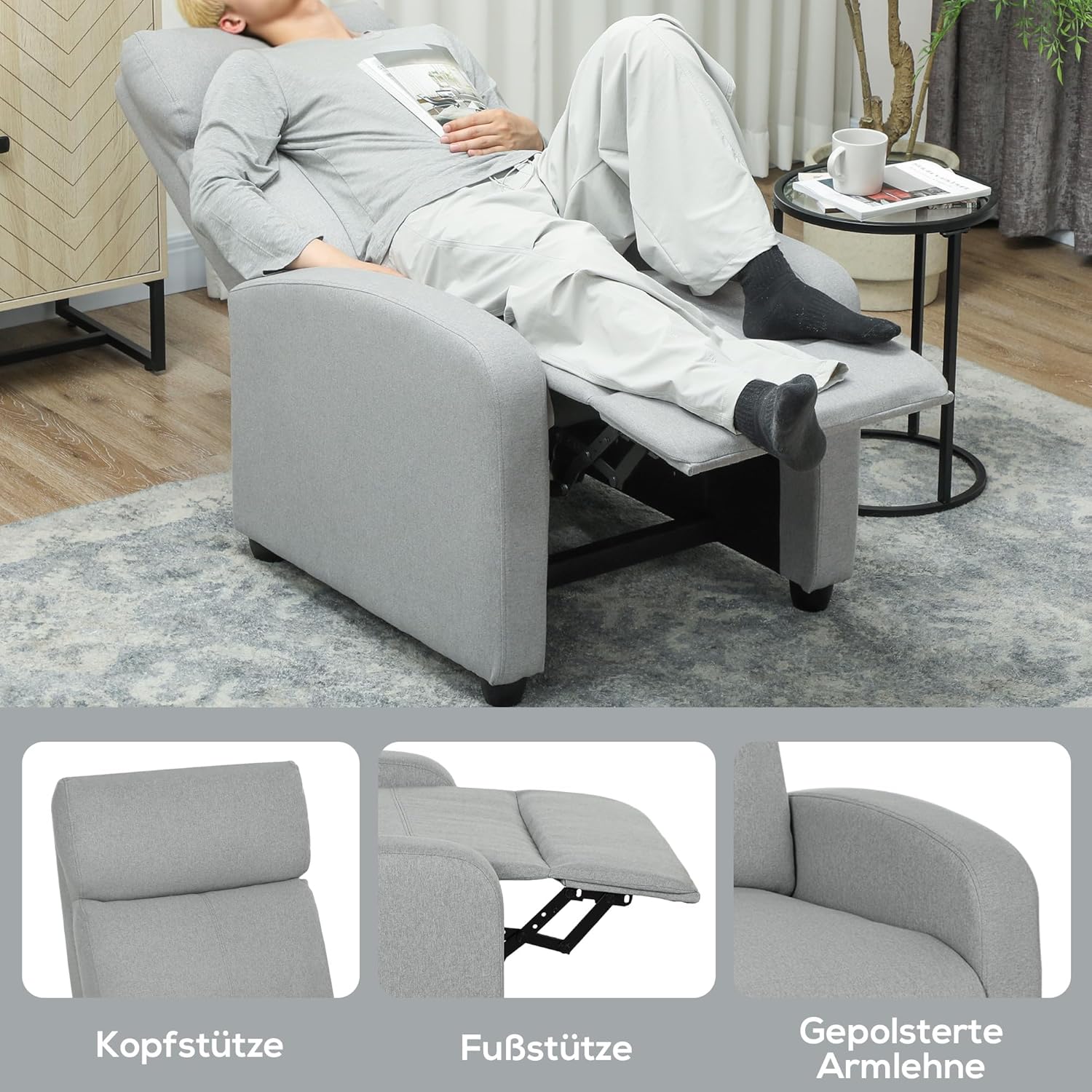 HOMCOM Relaxsessel Fernsehsessel mit Liegefunktion, Leinenoptik, Gepolstert TV-Sessel mit Fußstütze, für Wohnzimmer, Schlafzimmer, Hellgrau — Ansicht 6