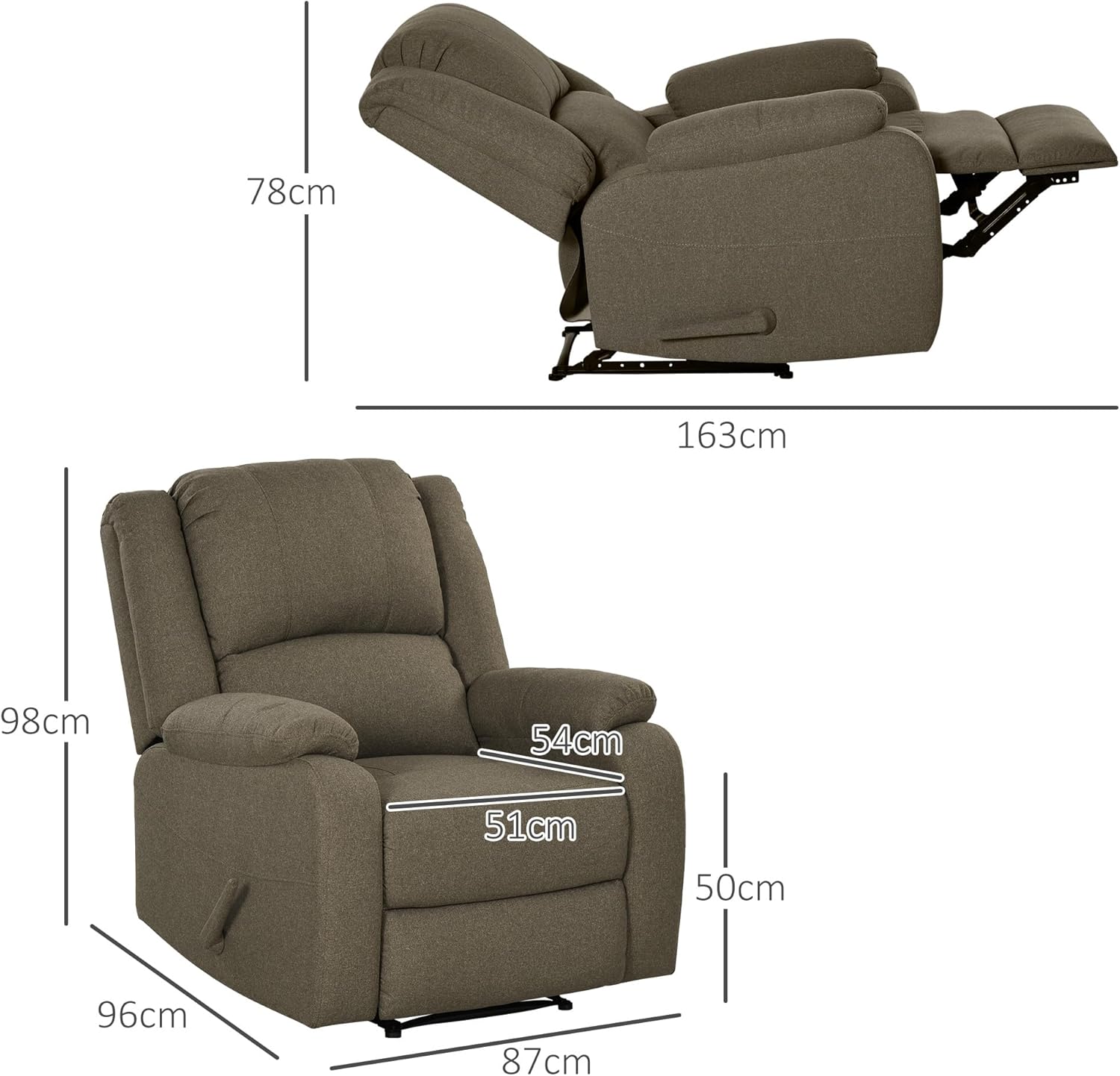 HOMCOM Relaxsessel Fernsehsessel mit Liegefunktion Liegesessel Sessel mit Verstellbarer Rückenlehne, Fußstütze TV-Sessel mit Leinenoptik für Wohnzimmer Schlafzimmer, Braun — Ansicht 3