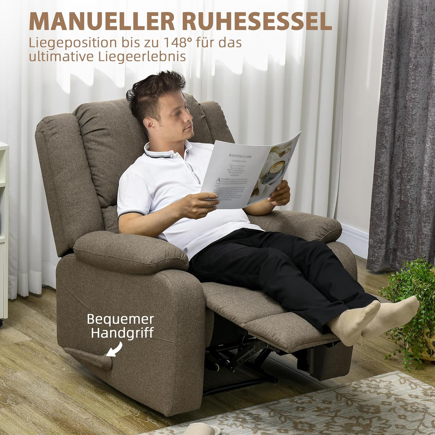 HOMCOM Relaxsessel Fernsehsessel mit Liegefunktion Liegesessel Sessel mit Verstellbarer Rückenlehne, Fußstütze TV-Sessel mit Leinenoptik für Wohnzimmer Schlafzimmer, Braun — Ansicht 4