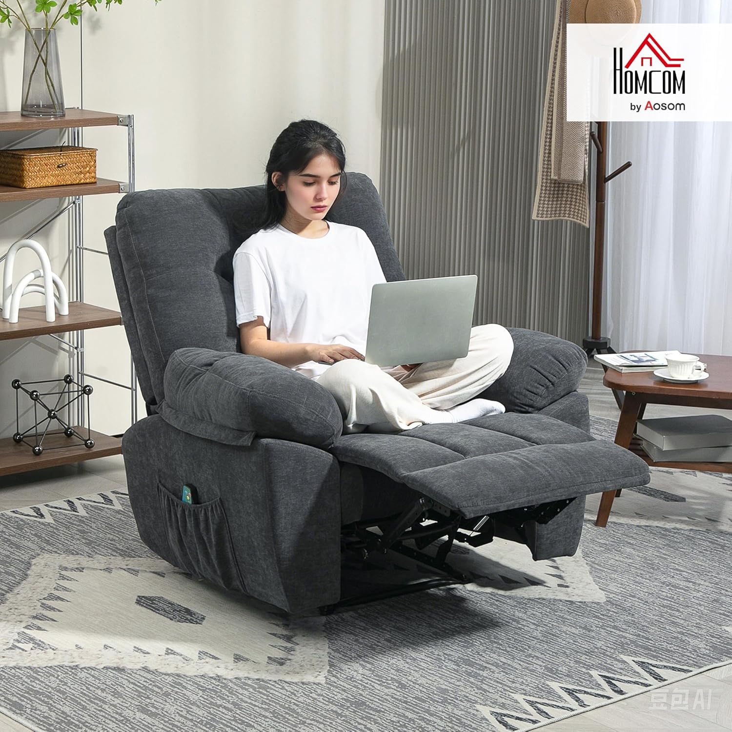 HOMCOM Relaxsessel Fernsehsessel mit Liegefunktion Massagesessel mit Vibration, Heizung, 8 Modi, TV Sessel mit Wandnahen Design, Fußteil, Seitentasche für Wohnzimmer, Dunkelgrau — Ansicht 2