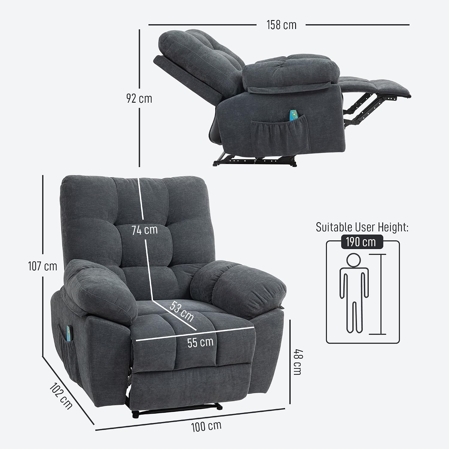 HOMCOM Relaxsessel Fernsehsessel mit Liegefunktion Massagesessel mit Vibration, Heizung, 8 Modi, TV Sessel mit Wandnahen Design, Fußteil, Seitentasche für Wohnzimmer, Dunkelgrau — Ansicht 3