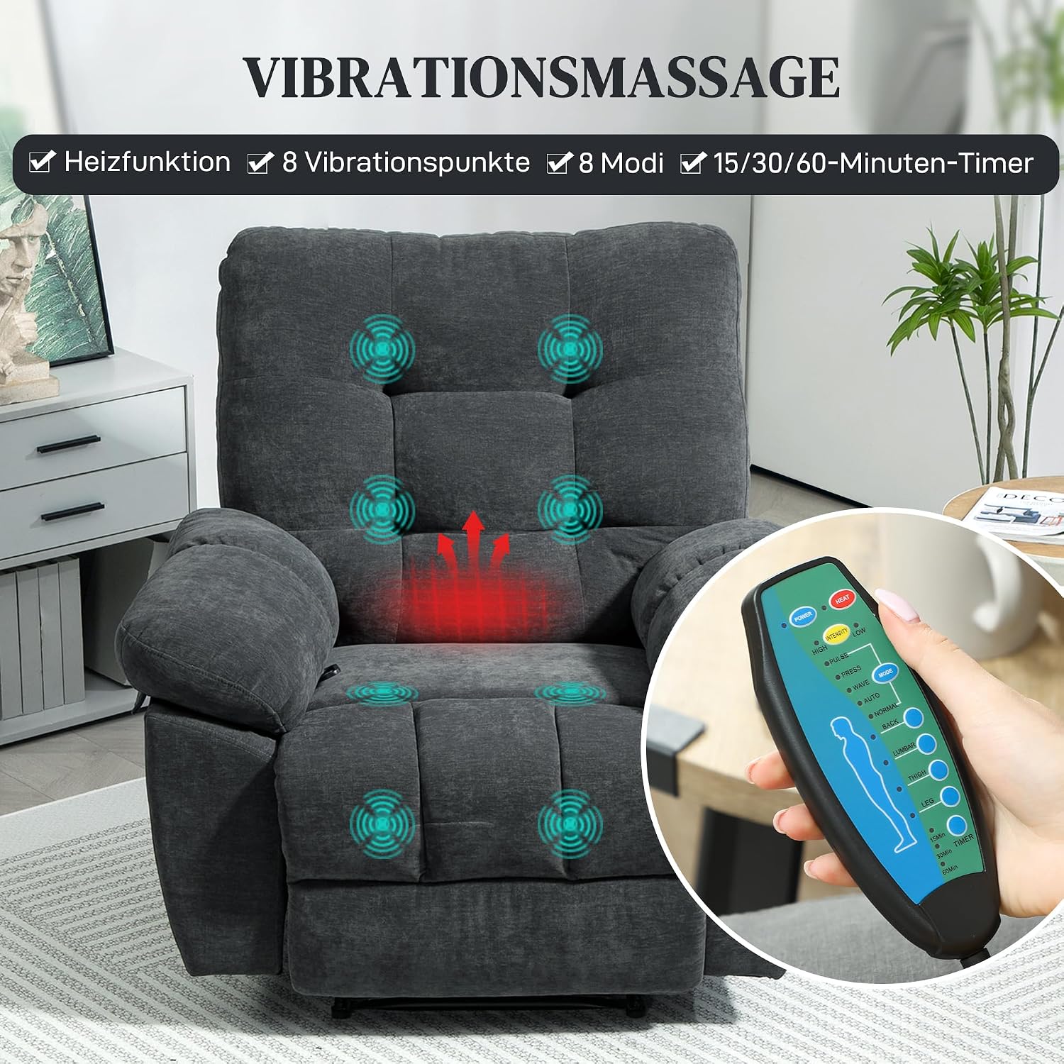 HOMCOM Relaxsessel Fernsehsessel mit Liegefunktion Massagesessel mit Vibration, Heizung, 8 Modi, TV Sessel mit Wandnahen Design, Fußteil, Seitentasche für Wohnzimmer, Dunkelgrau — Ansicht 4