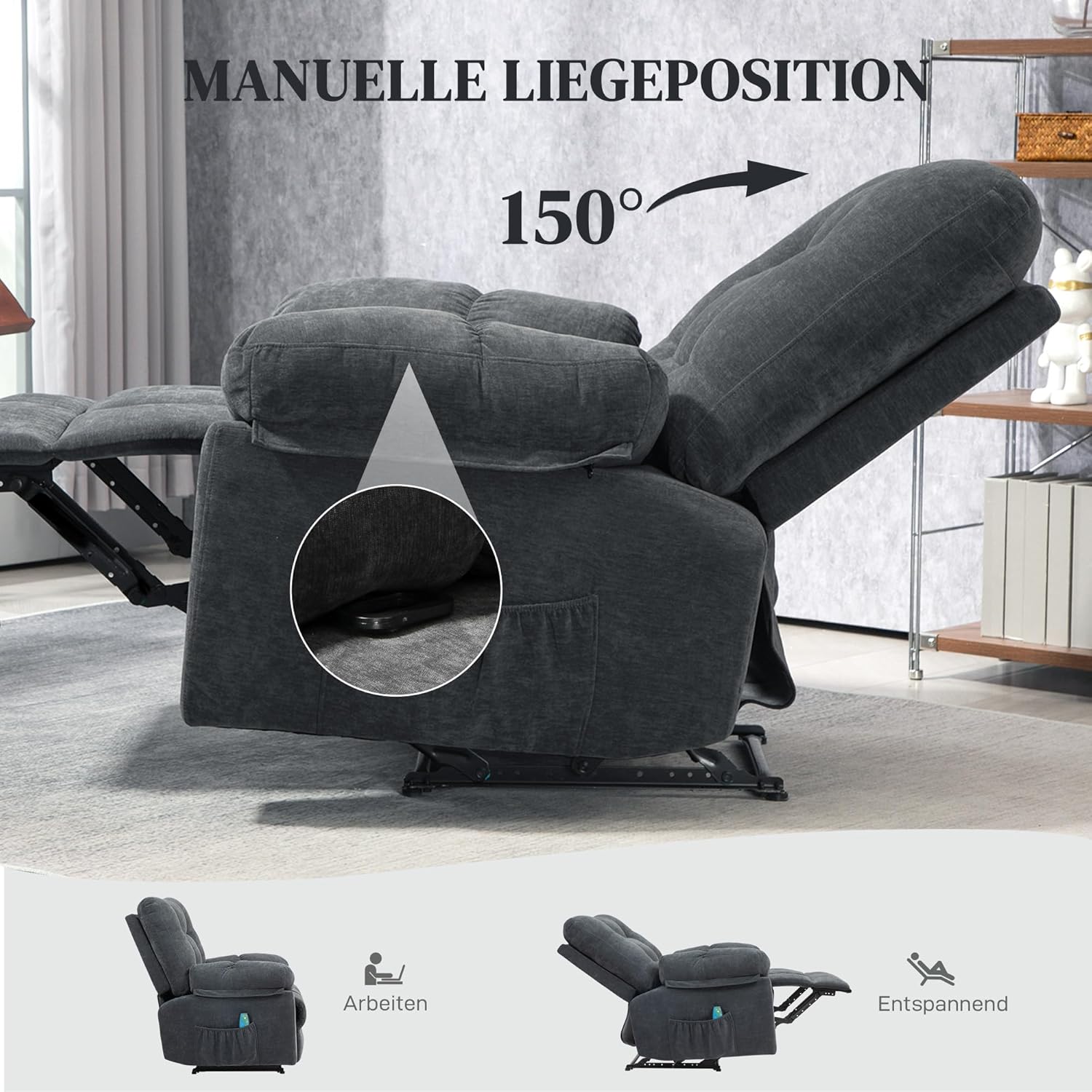HOMCOM Relaxsessel Fernsehsessel mit Liegefunktion Massagesessel mit Vibration, Heizung, 8 Modi, TV Sessel mit Wandnahen Design, Fußteil, Seitentasche für Wohnzimmer, Dunkelgrau — Ansicht 5