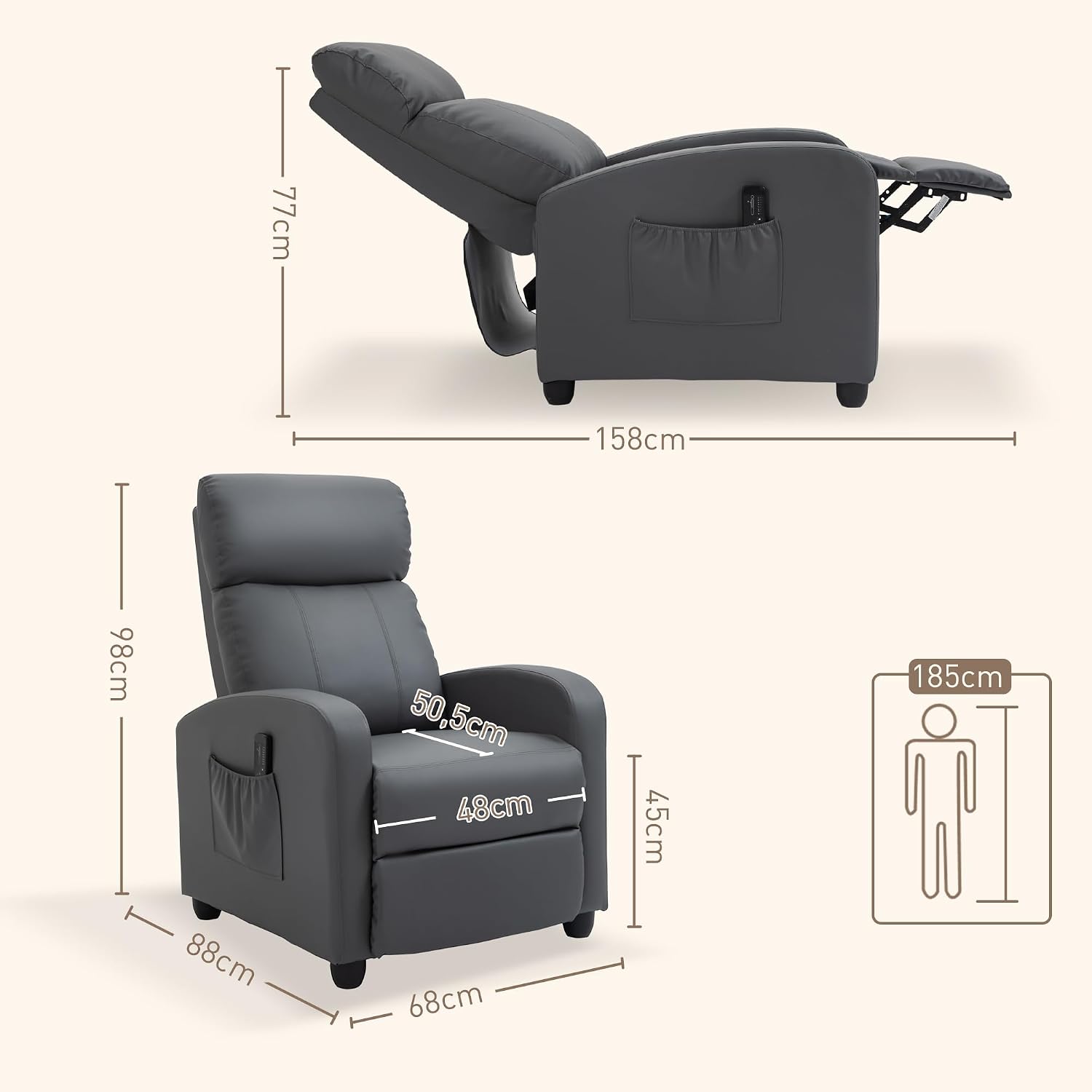 HOMCOM Relaxsessel Fernsehsessel mit Vibrationsmassage, Massagesessel mit Liegefunktion, 2 Massagepunkte, Timer, TV Sessel mit Fernbedienung, Seitentasche, Kunstleder für Wohnzimmer, Grau — Ansicht 3