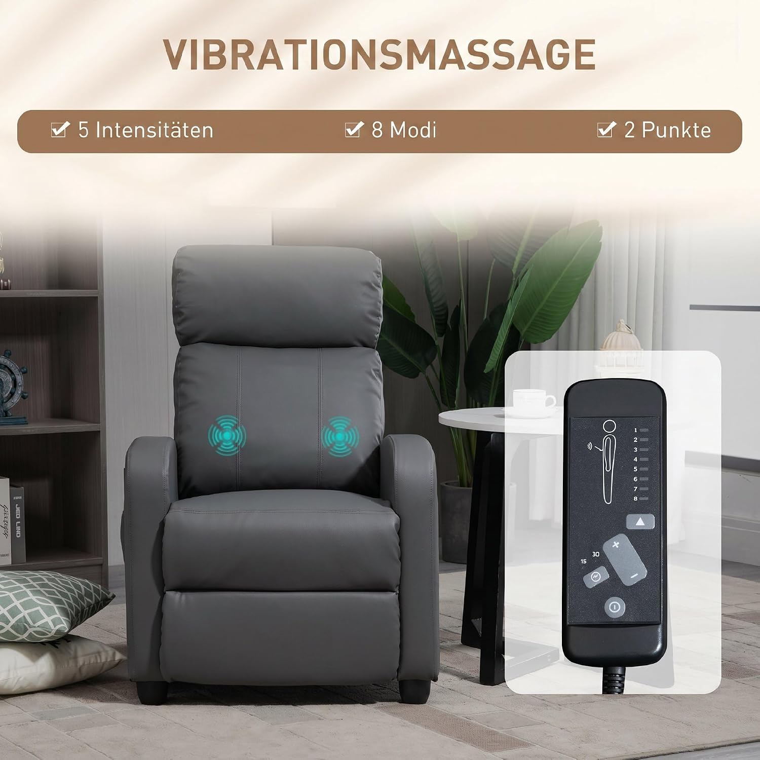 HOMCOM Relaxsessel Fernsehsessel mit Vibrationsmassage, Massagesessel mit Liegefunktion, 2 Massagepunkte, Timer, TV Sessel mit Fernbedienung, Seitentasche, Kunstleder für Wohnzimmer, Grau — Ansicht 4