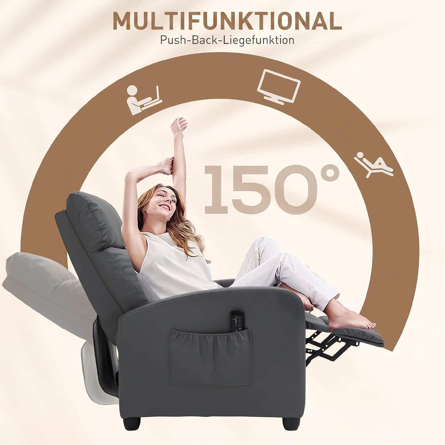 HOMCOM Relaxsessel Fernsehsessel mit Vibrationsmassage, Massagesessel mit Liegefunktion, 2 Massagepunkte, Timer, TV Sessel mit Fernbedienung, Seitentasche, Kunstleder für Wohnzimmer, Grau — Ansicht 5