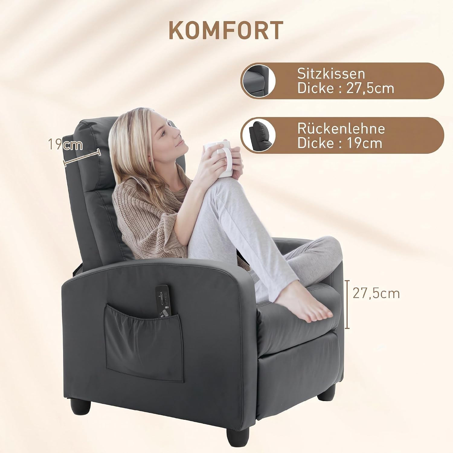 HOMCOM Relaxsessel Fernsehsessel mit Vibrationsmassage, Massagesessel mit Liegefunktion, 2 Massagepunkte, Timer, TV Sessel mit Fernbedienung, Seitentasche, Kunstleder für Wohnzimmer, Grau — Ansicht 6