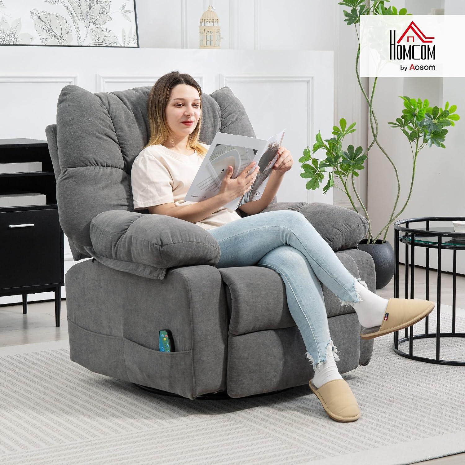 HOMCOM Relaxsessel Massagesessel Fernsehsessel mit Liegefunktion Vibration Heizung Fußteil Seitentasche, TV Sessel Liegesessel Ruhesessel für Wohnzimmer, Dunkelgrau — Ansicht 2