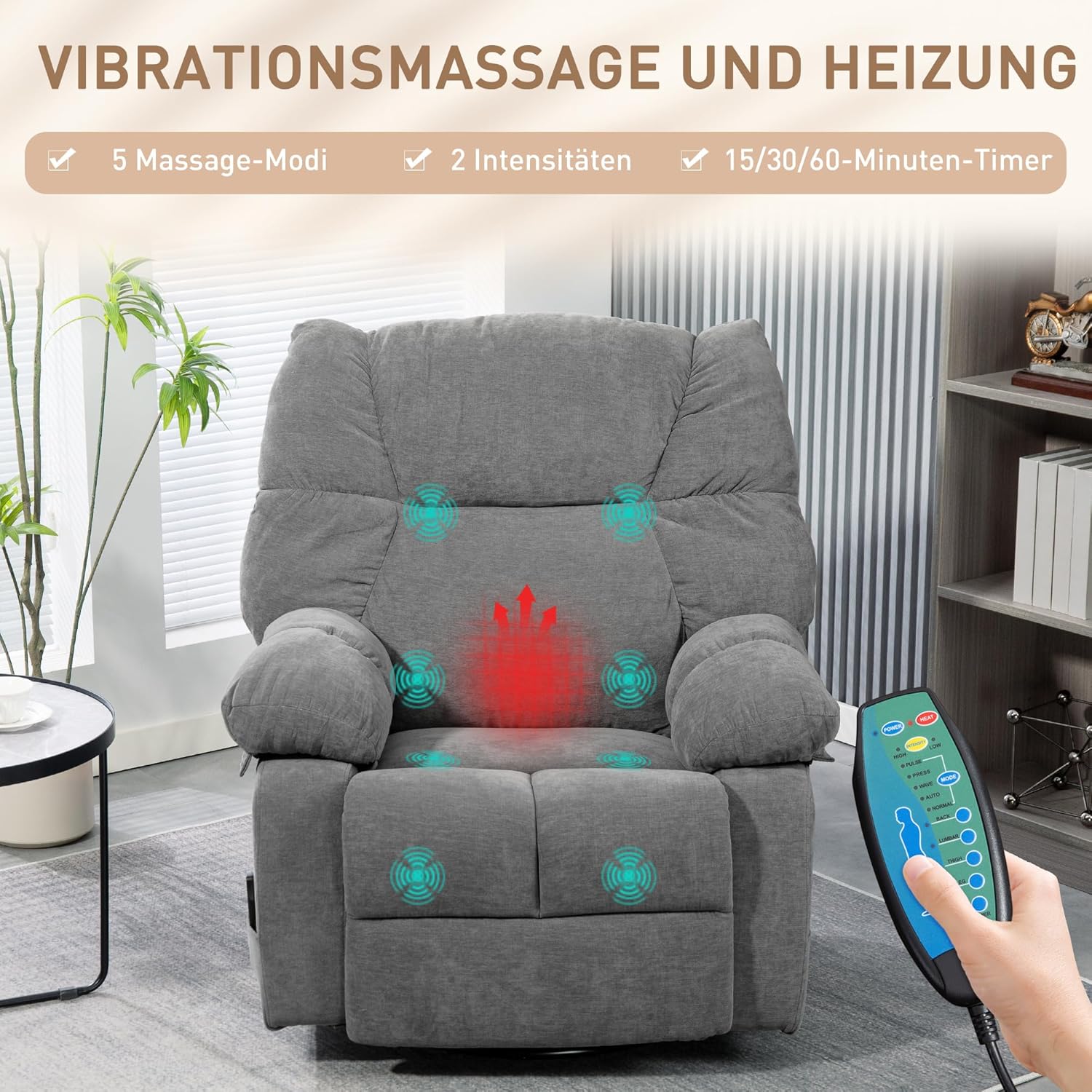 HOMCOM Relaxsessel Massagesessel Fernsehsessel mit Liegefunktion Vibration Heizung Fußteil Seitentasche, TV Sessel Liegesessel Ruhesessel für Wohnzimmer, Dunkelgrau — Ansicht 4