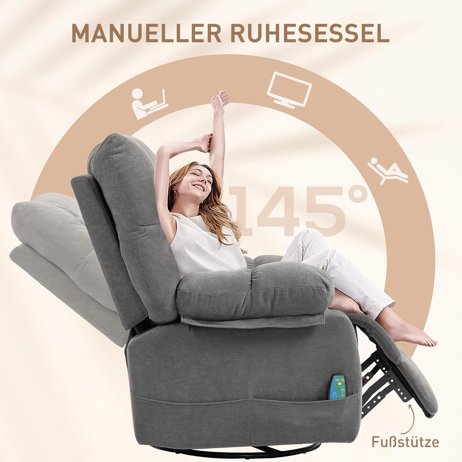 HOMCOM Relaxsessel Massagesessel Fernsehsessel mit Liegefunktion Vibration Heizung Fußteil Seitentasche, TV Sessel Liegesessel Ruhesessel für Wohnzimmer, Dunkelgrau — Ansicht 5