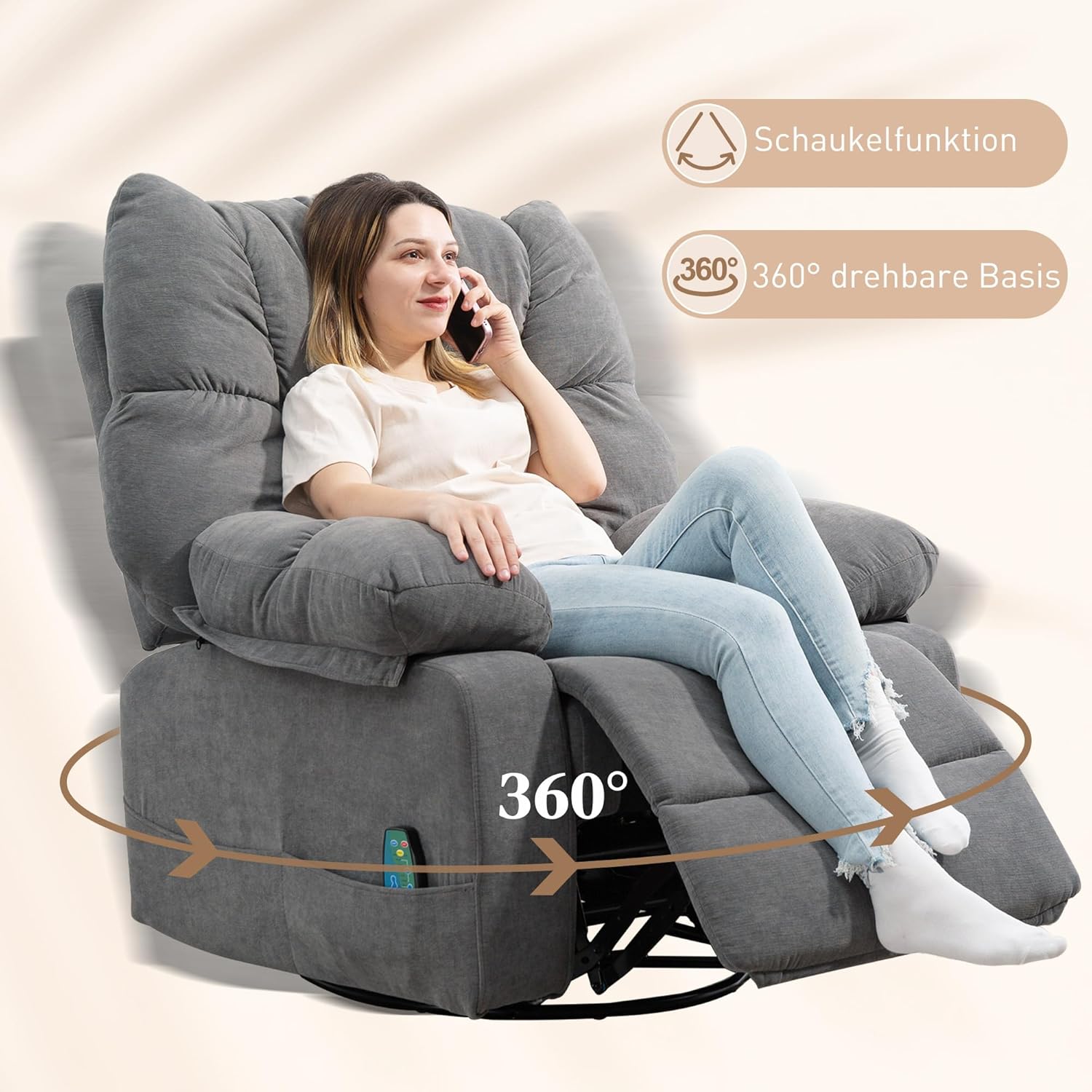 HOMCOM Relaxsessel Massagesessel Fernsehsessel mit Liegefunktion Vibration Heizung Fußteil Seitentasche, TV Sessel Liegesessel Ruhesessel für Wohnzimmer, Dunkelgrau — Ansicht 6