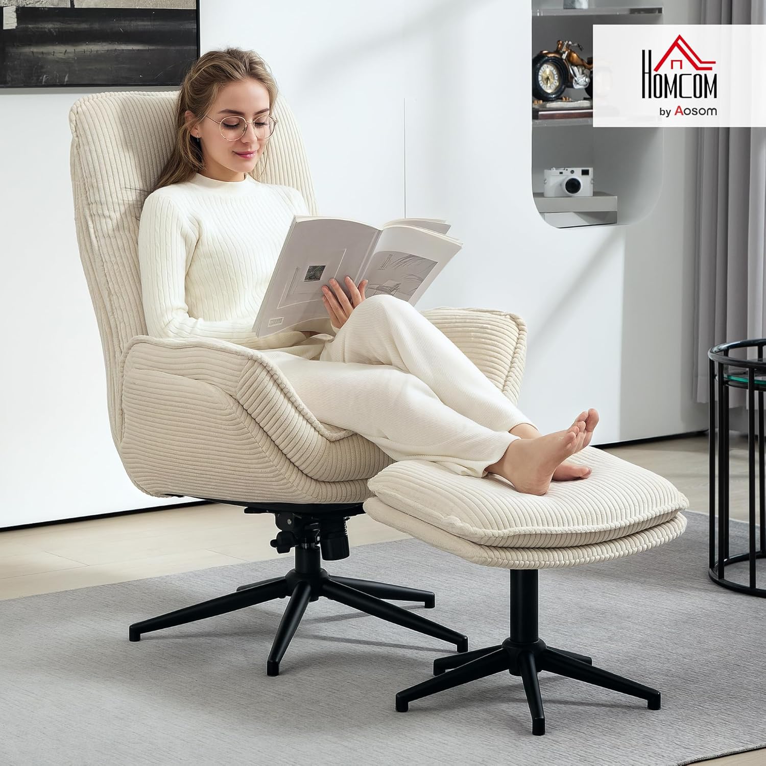 HOMCOM Relaxsessel mit Hocker 360°Drehbarer Fernsehsessel mit Liegefunktion TV-Sessel mit Cord-Optik, Ruhesessel für Wohnzimmer, Schlafzimmer, Beige — Ansicht 2
