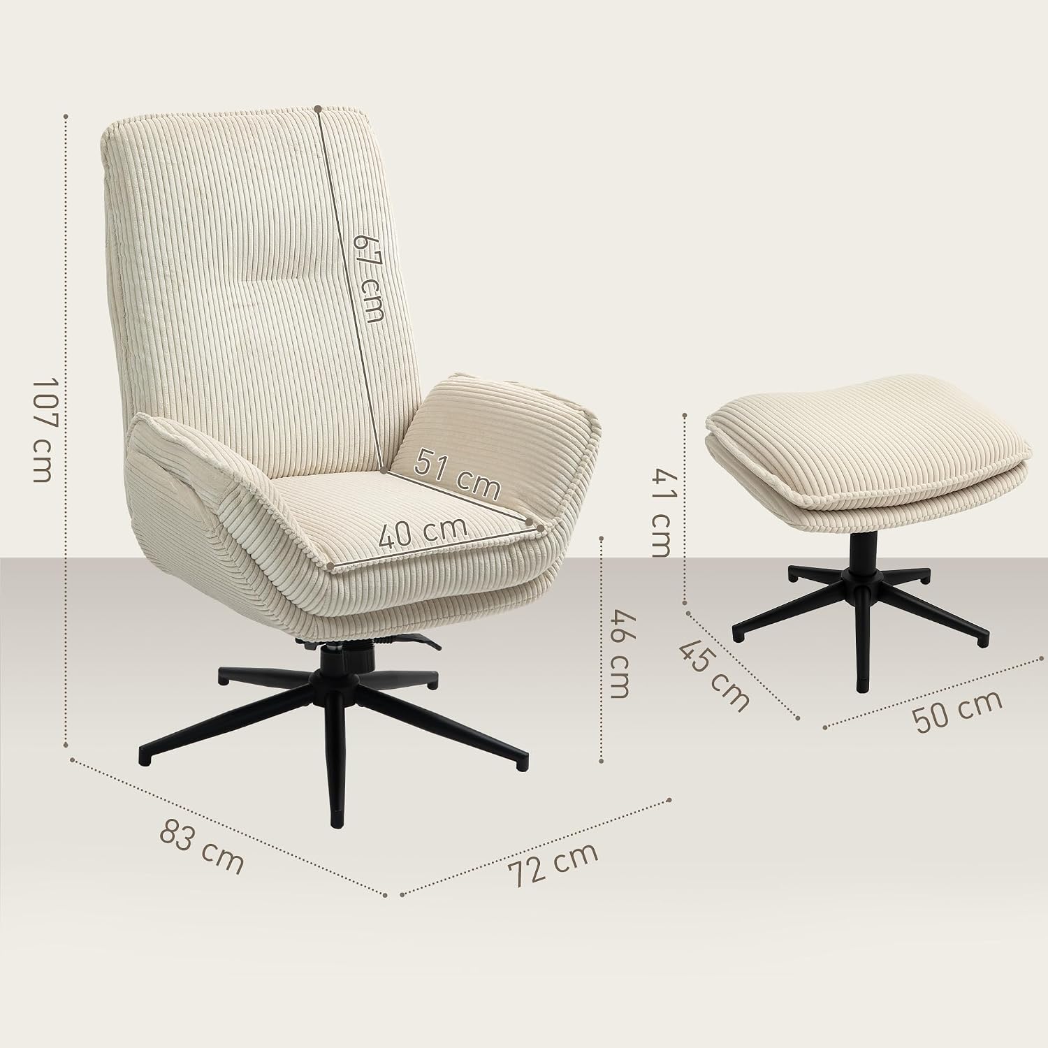 HOMCOM Relaxsessel mit Hocker 360°Drehbarer Fernsehsessel mit Liegefunktion TV-Sessel mit Cord-Optik, Ruhesessel für Wohnzimmer, Schlafzimmer, Beige — Ansicht 3
