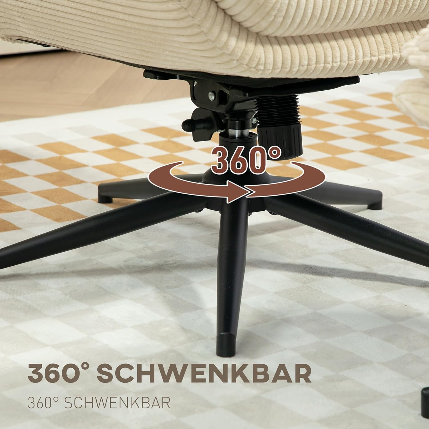 HOMCOM Relaxsessel mit Hocker 360°Drehbarer Fernsehsessel mit Liegefunktion TV-Sessel mit Cord-Optik, Ruhesessel für Wohnzimmer, Schlafzimmer, Beige — Ansicht 4