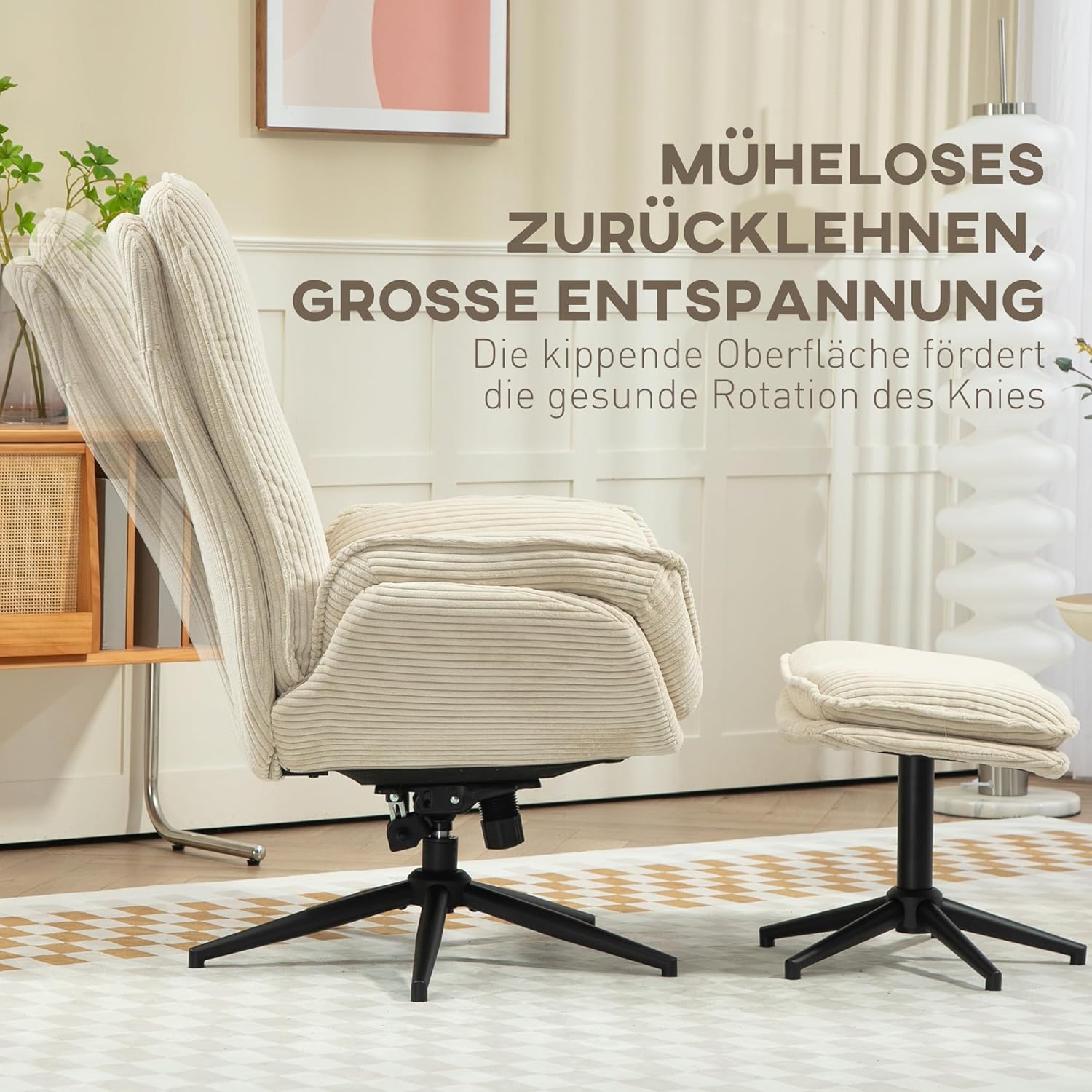 HOMCOM Relaxsessel mit Hocker 360°Drehbarer Fernsehsessel mit Liegefunktion TV-Sessel mit Cord-Optik, Ruhesessel für Wohnzimmer, Schlafzimmer, Beige — Ansicht 5