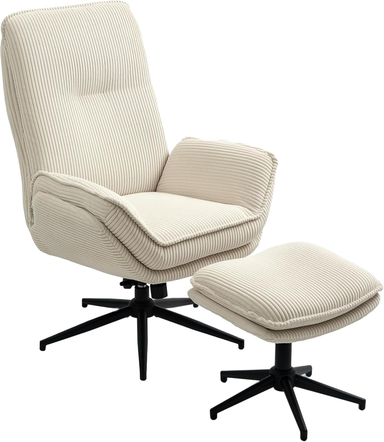 HOMCOM Relaxsessel mit Hocker 360°Drehbarer Fernsehsessel mit Liegefunktion TV-Sessel mit Cord-Optik, Ruhesessel für Wohnzimmer, Schlafzimmer, Beige