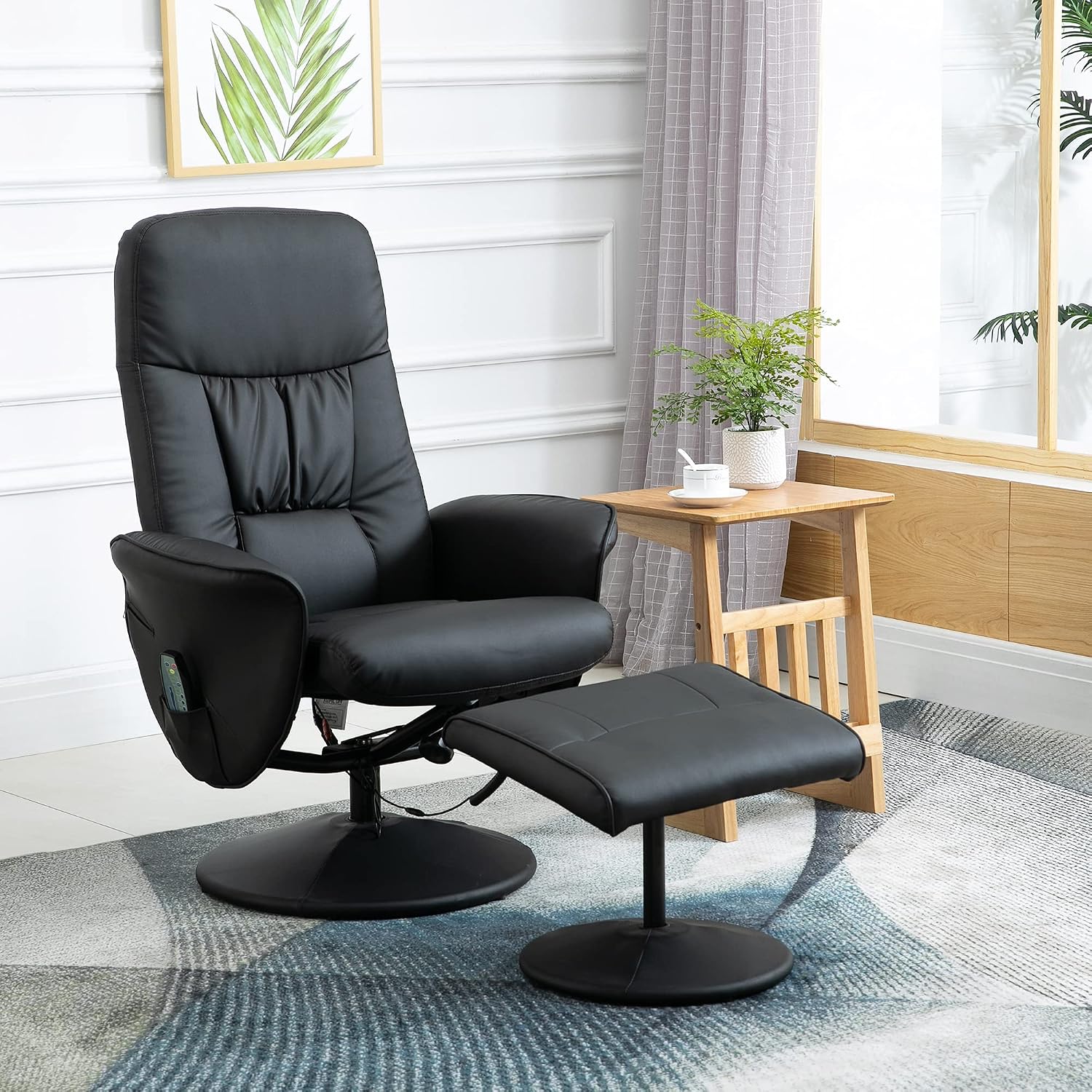 HOMCOM Relaxsessel mit Hocker, drehbarer Fernsehsessel mit 10 Massagepunkte, Liegefunktion, Massagesessel mit Fernbedienung, Seitentasche, TV-Sessel, Kunstleder, Schwarz — Ansicht 2