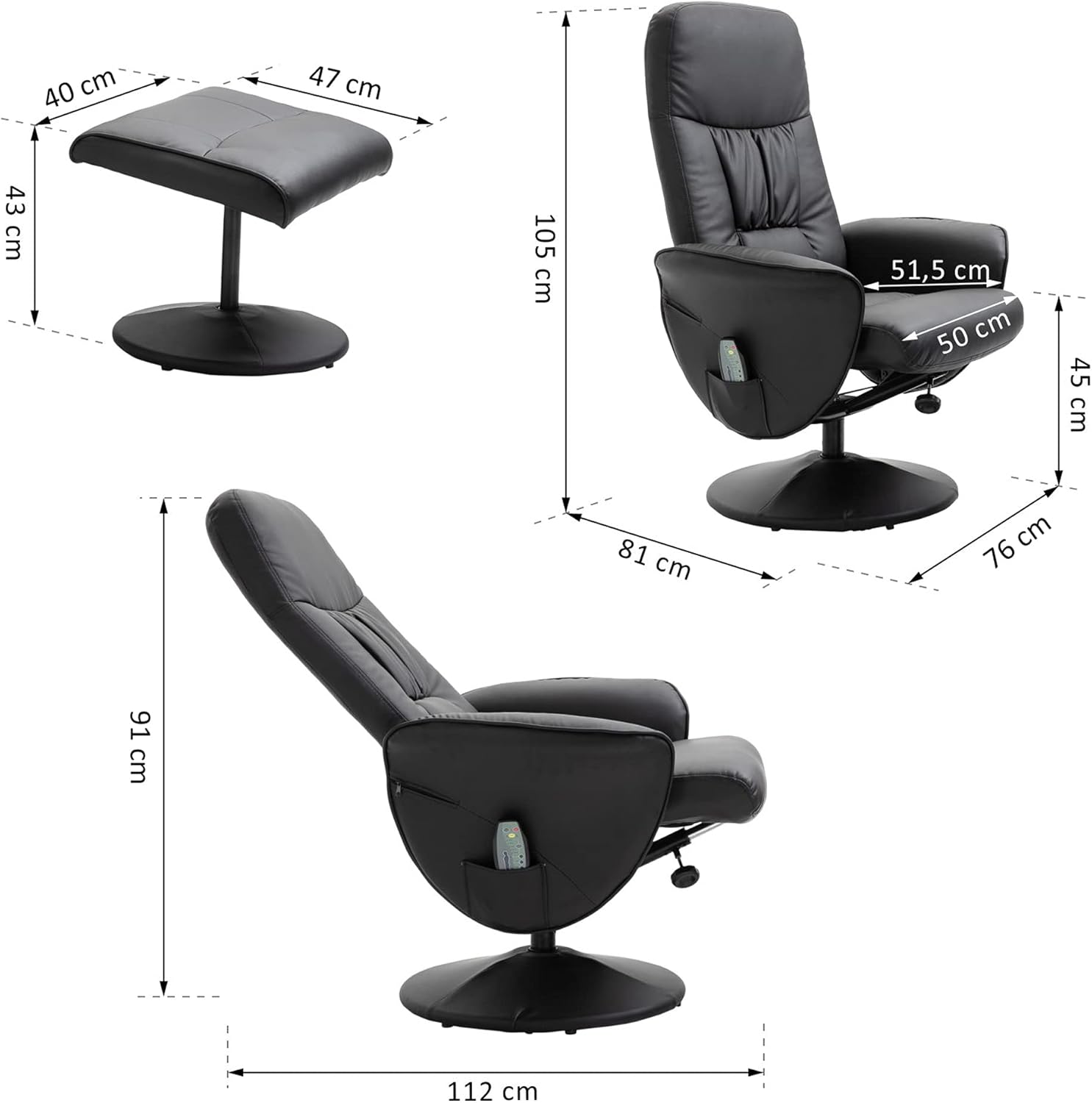 HOMCOM Relaxsessel mit Hocker, drehbarer Fernsehsessel mit 10 Massagepunkte, Liegefunktion, Massagesessel mit Fernbedienung, Seitentasche, TV-Sessel, Kunstleder, Schwarz — Ansicht 3