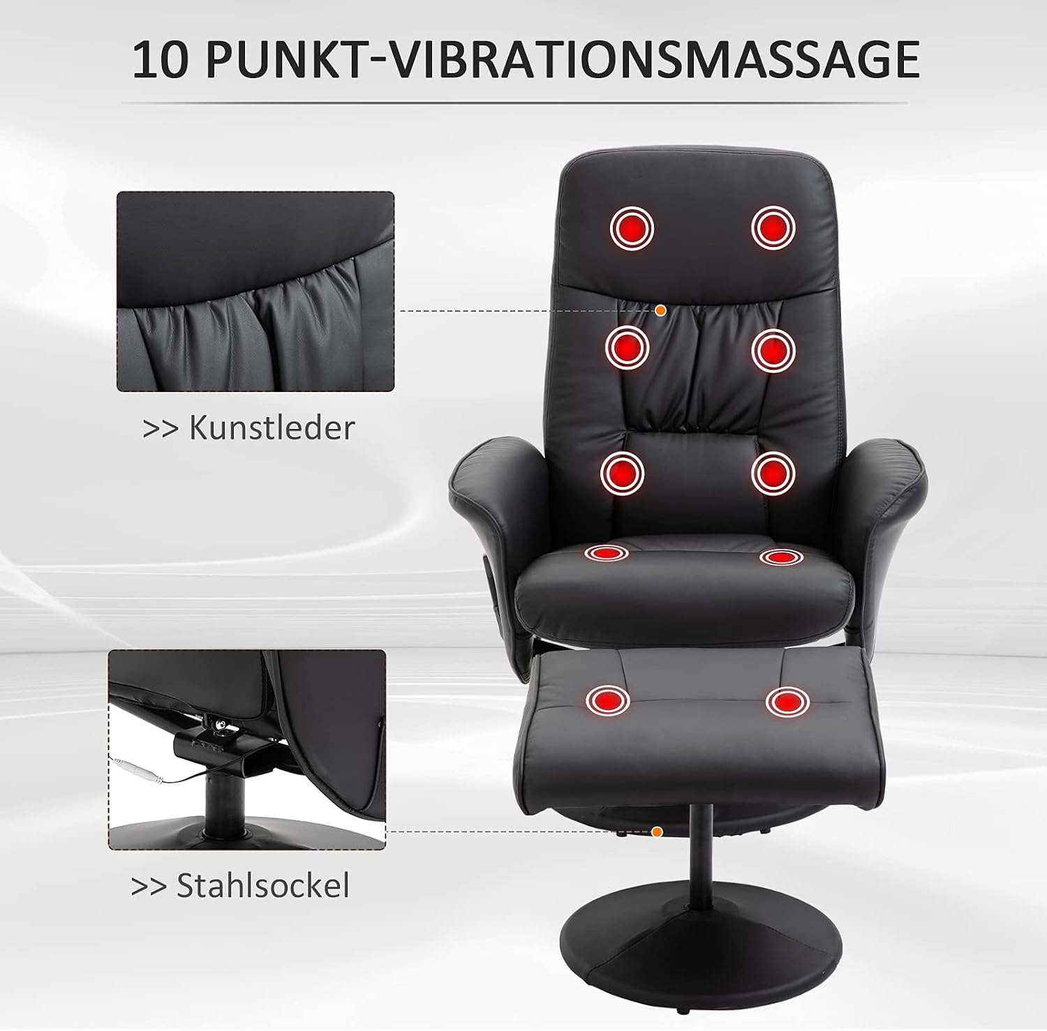 HOMCOM Relaxsessel mit Hocker, drehbarer Fernsehsessel mit 10 Massagepunkte, Liegefunktion, Massagesessel mit Fernbedienung, Seitentasche, TV-Sessel, Kunstleder, Schwarz — Ansicht 4