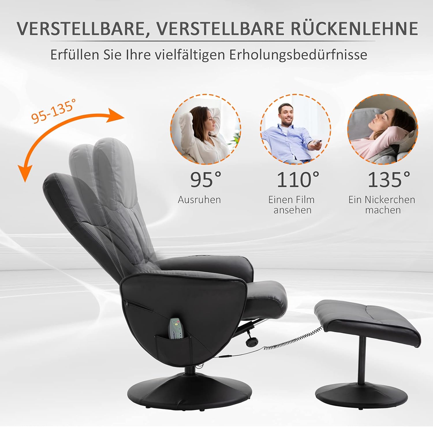 HOMCOM Relaxsessel mit Hocker, drehbarer Fernsehsessel mit 10 Massagepunkte, Liegefunktion, Massagesessel mit Fernbedienung, Seitentasche, TV-Sessel, Kunstleder, Schwarz — Ansicht 6