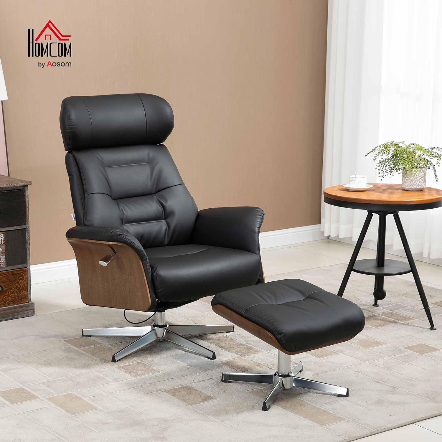 HOMCOM Relaxsessel mit Hocker, Fernsehsessel mit Liegefunktion, verstellbare Kopfstütze, Drehbar TV-Sessel bis 150 kg, für Wohnzimmer, Schlafzimmer, Kunstleder, Schwarz — Ansicht 2