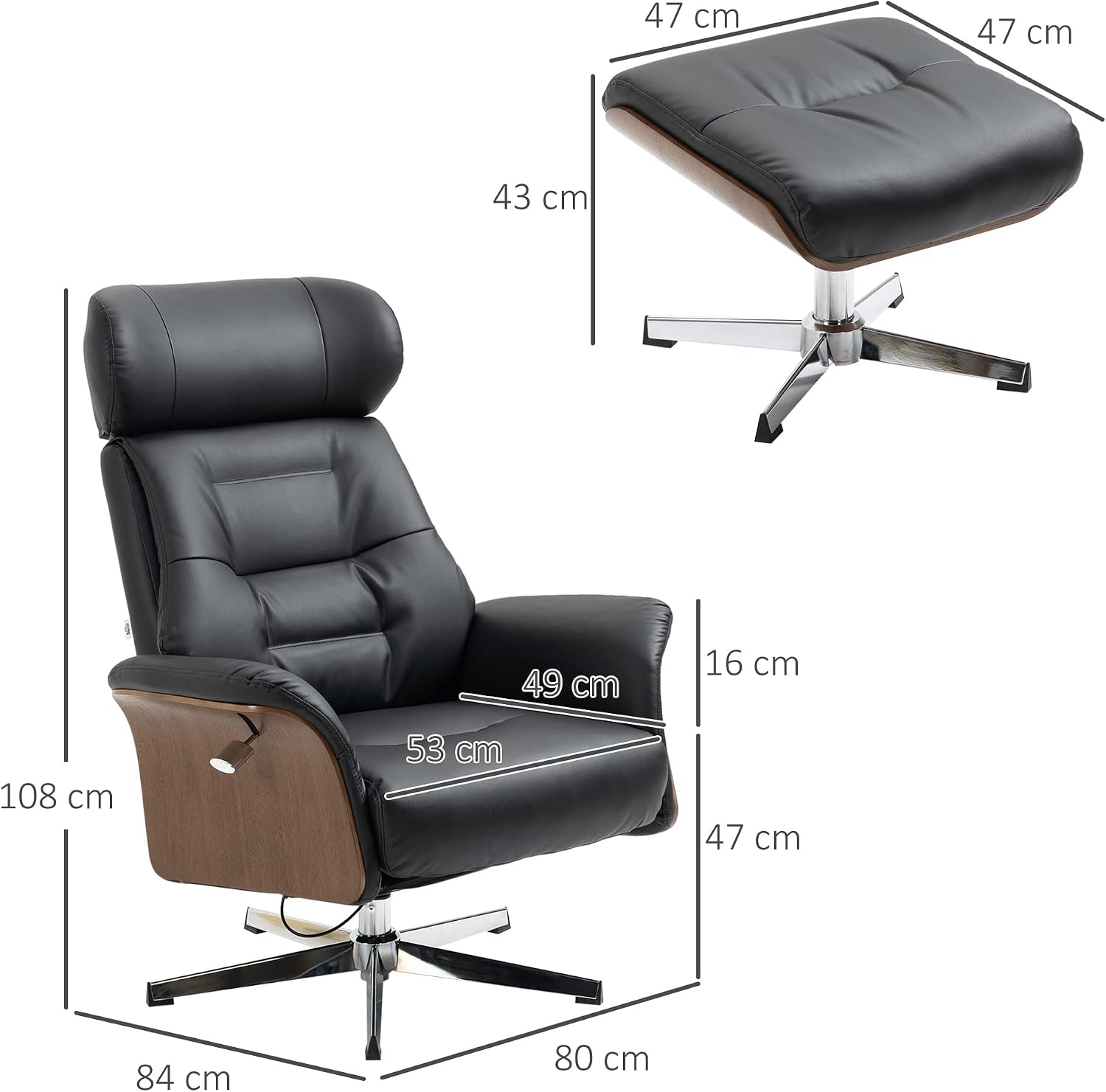 HOMCOM Relaxsessel mit Hocker, Fernsehsessel mit Liegefunktion, verstellbare Kopfstütze, Drehbar TV-Sessel bis 150 kg, für Wohnzimmer, Schlafzimmer, Kunstleder, Schwarz — Ansicht 3