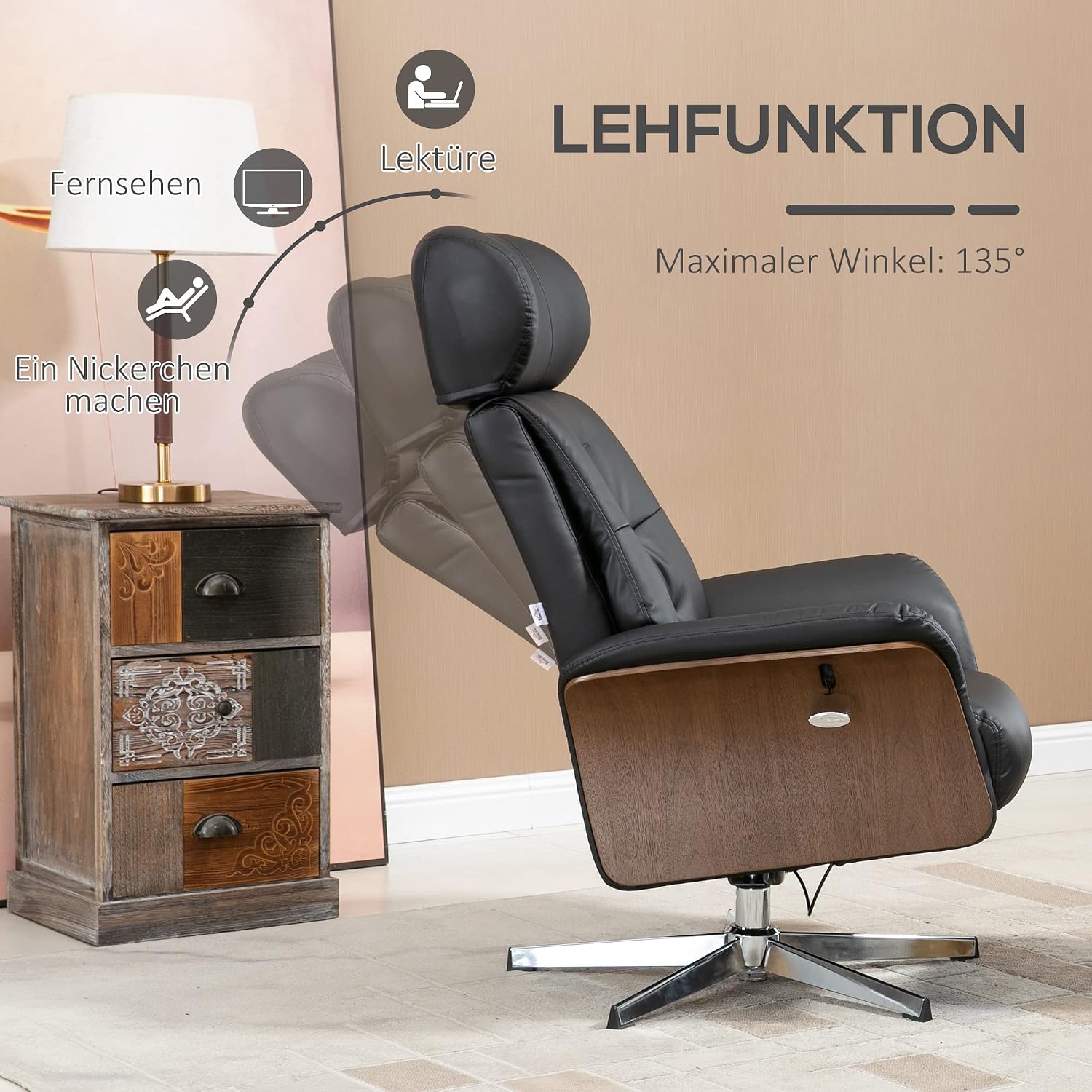 HOMCOM Relaxsessel mit Hocker, Fernsehsessel mit Liegefunktion, verstellbare Kopfstütze, Drehbar TV-Sessel bis 150 kg, für Wohnzimmer, Schlafzimmer, Kunstleder, Schwarz — Ansicht 4
