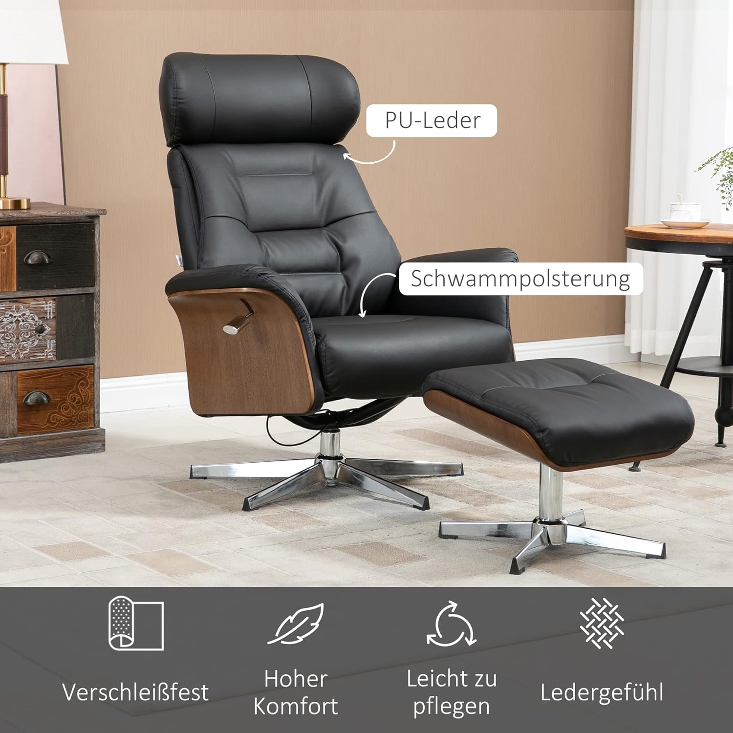 HOMCOM Relaxsessel mit Hocker, Fernsehsessel mit Liegefunktion, verstellbare Kopfstütze, Drehbar TV-Sessel bis 150 kg, für Wohnzimmer, Schlafzimmer, Kunstleder, Schwarz — Ansicht 6