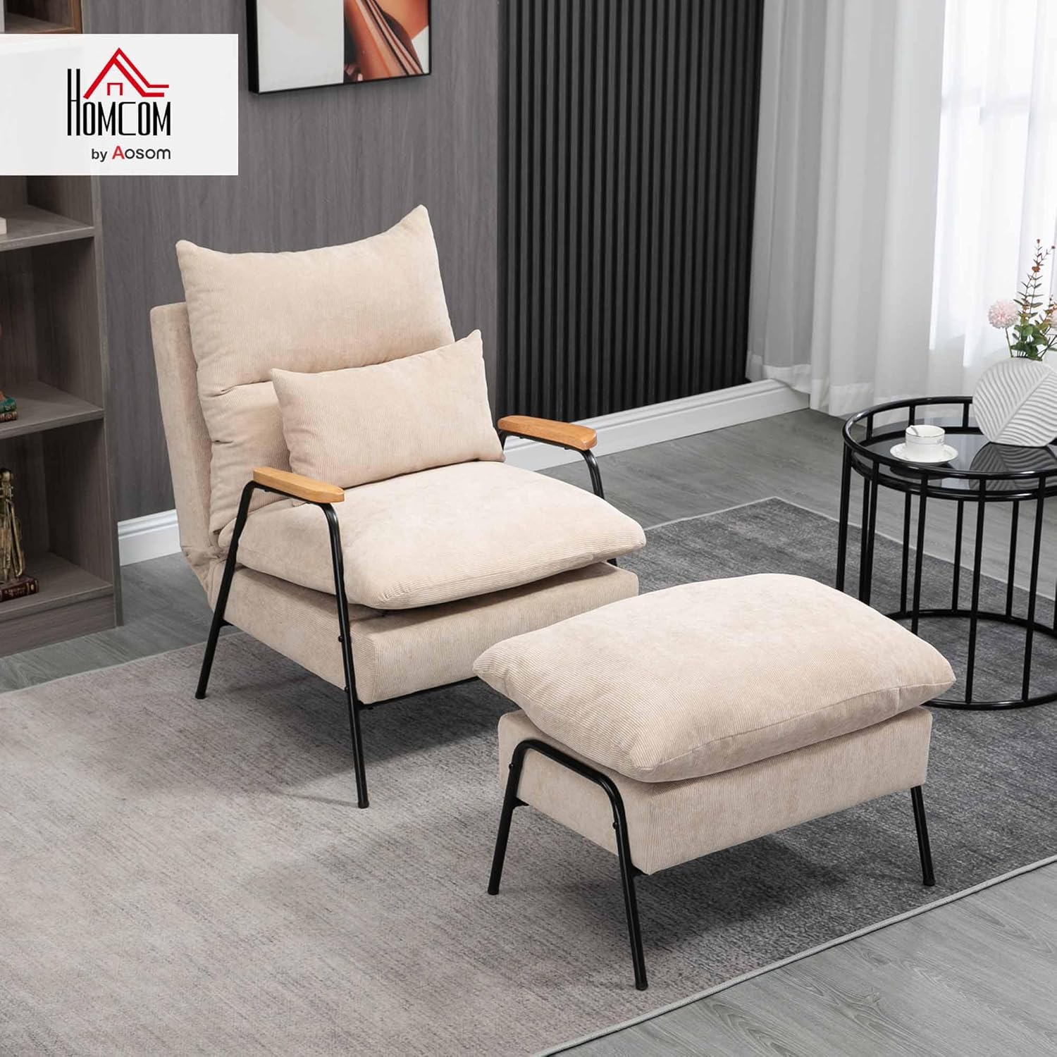 HOMCOM Relaxsessel mit Hocker Sessel mit Verstellbar Rückenlehne, Liegefunktion, Kissen, Loungesessel Modern Polstersessel mit Kord-Optik für Wohnzimmer bis 180 kg belastbar, Beige — Ansicht 2