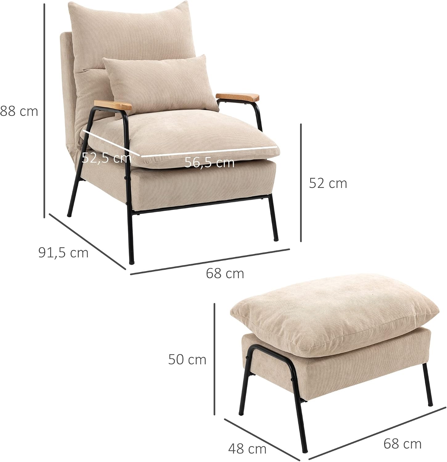 HOMCOM Relaxsessel mit Hocker Sessel mit Verstellbar Rückenlehne, Liegefunktion, Kissen, Loungesessel Modern Polstersessel mit Kord-Optik für Wohnzimmer bis 180 kg belastbar, Beige — Ansicht 3