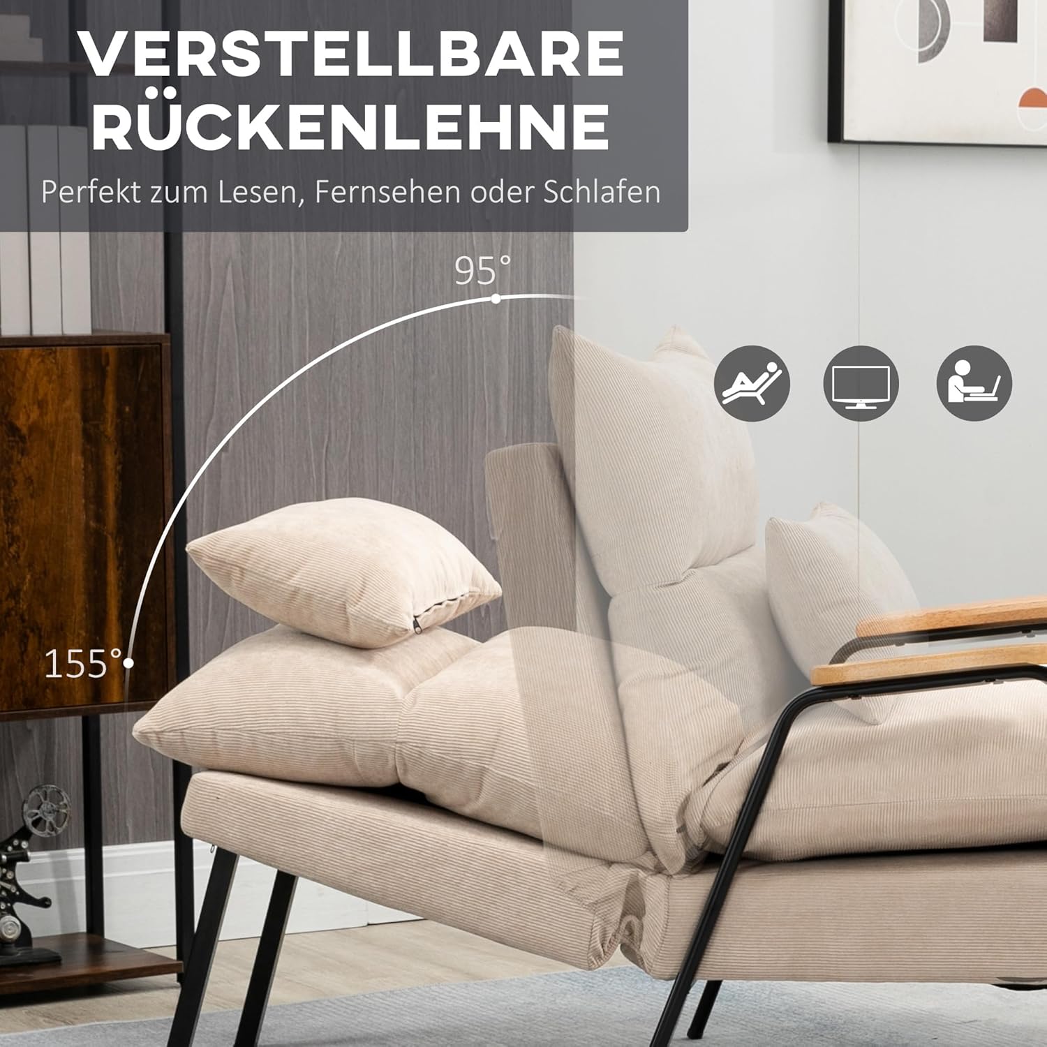 HOMCOM Relaxsessel mit Hocker Sessel mit Verstellbar Rückenlehne, Liegefunktion, Kissen, Loungesessel Modern Polstersessel mit Kord-Optik für Wohnzimmer bis 180 kg belastbar, Beige — Ansicht 4