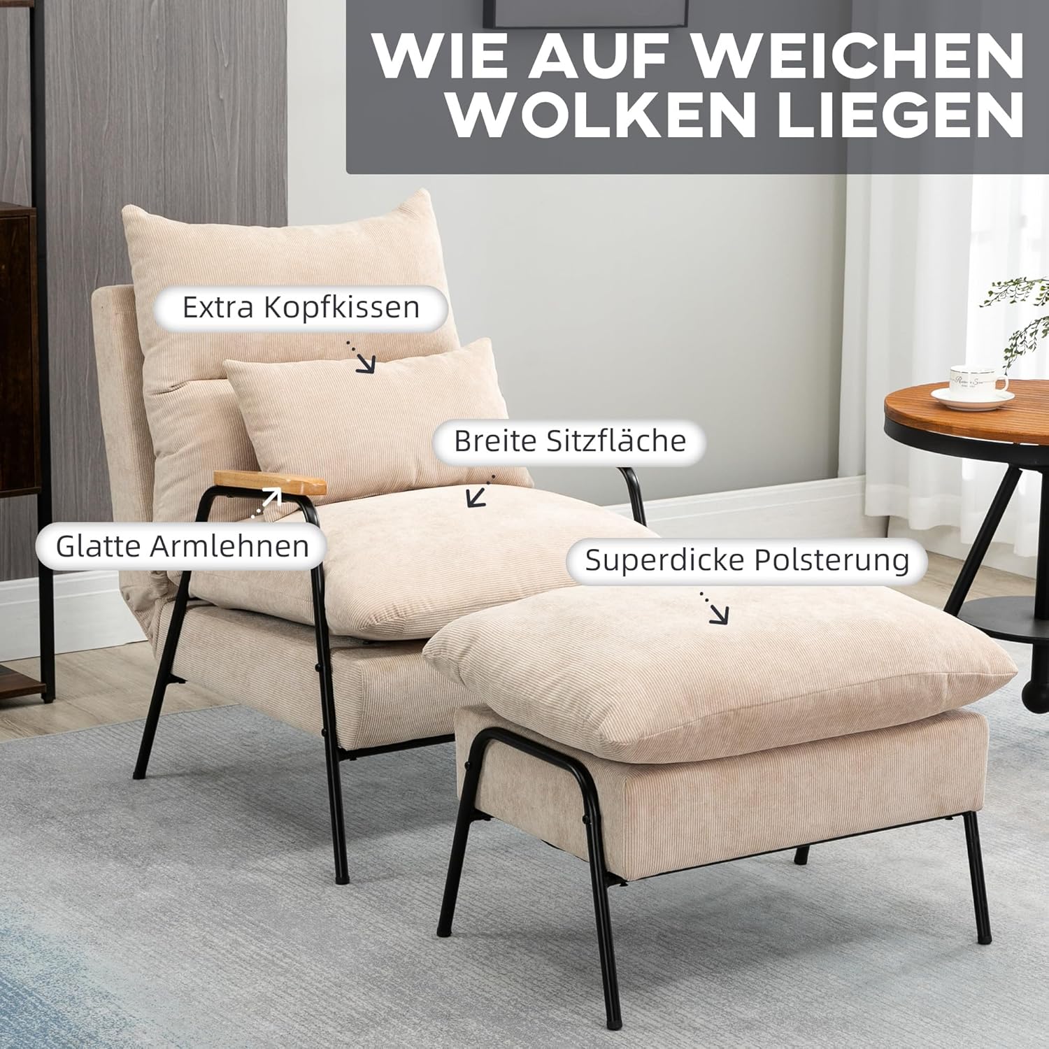 HOMCOM Relaxsessel mit Hocker Sessel mit Verstellbar Rückenlehne, Liegefunktion, Kissen, Loungesessel Modern Polstersessel mit Kord-Optik für Wohnzimmer bis 180 kg belastbar, Beige — Ansicht 6