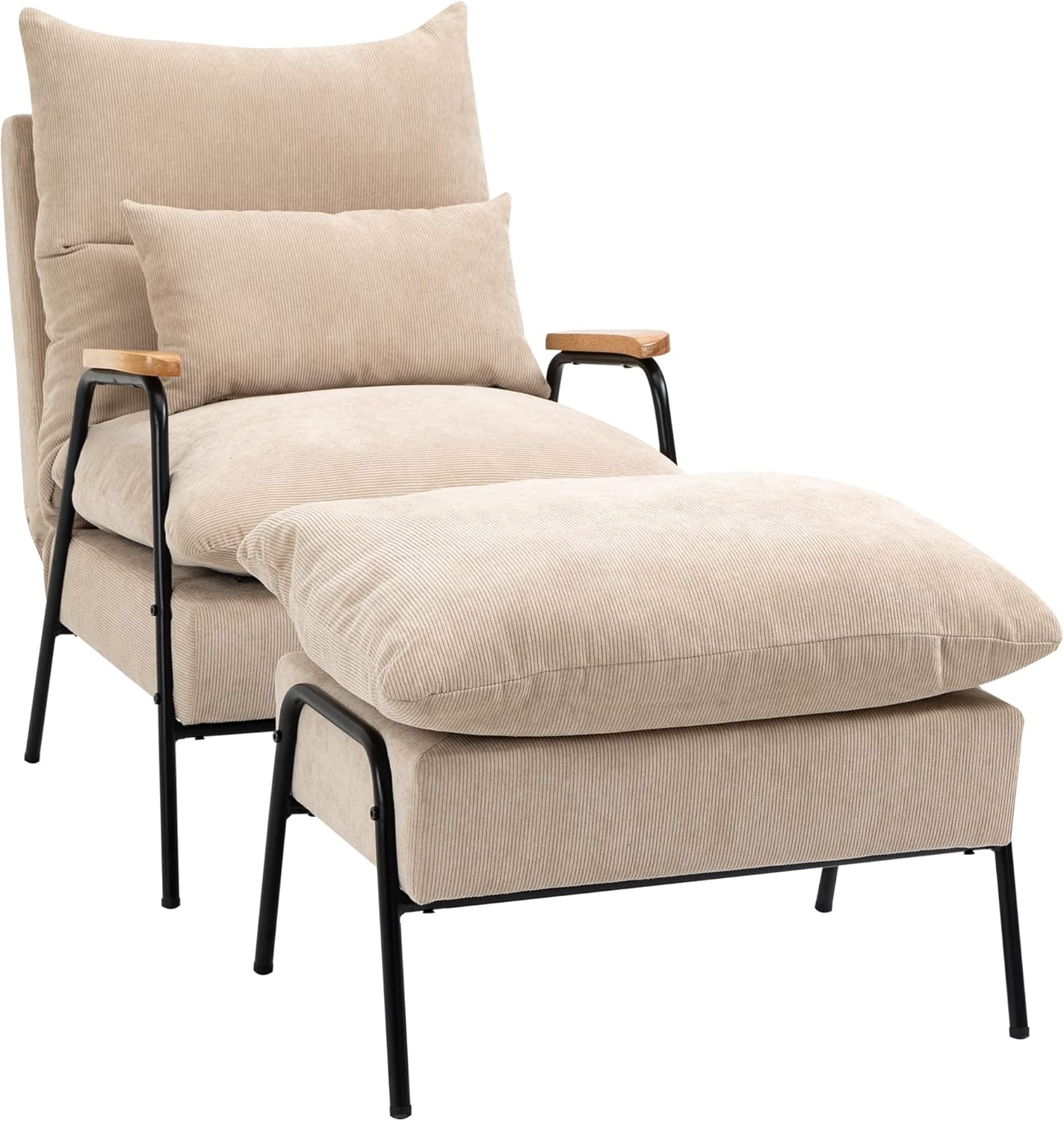 HOMCOM Relaxsessel mit Hocker Sessel mit Verstellbar Rückenlehne, Liegefunktion, Kissen, Loungesessel Modern Polstersessel mit Kord-Optik für Wohnzimmer bis 180 kg belastbar, Beige