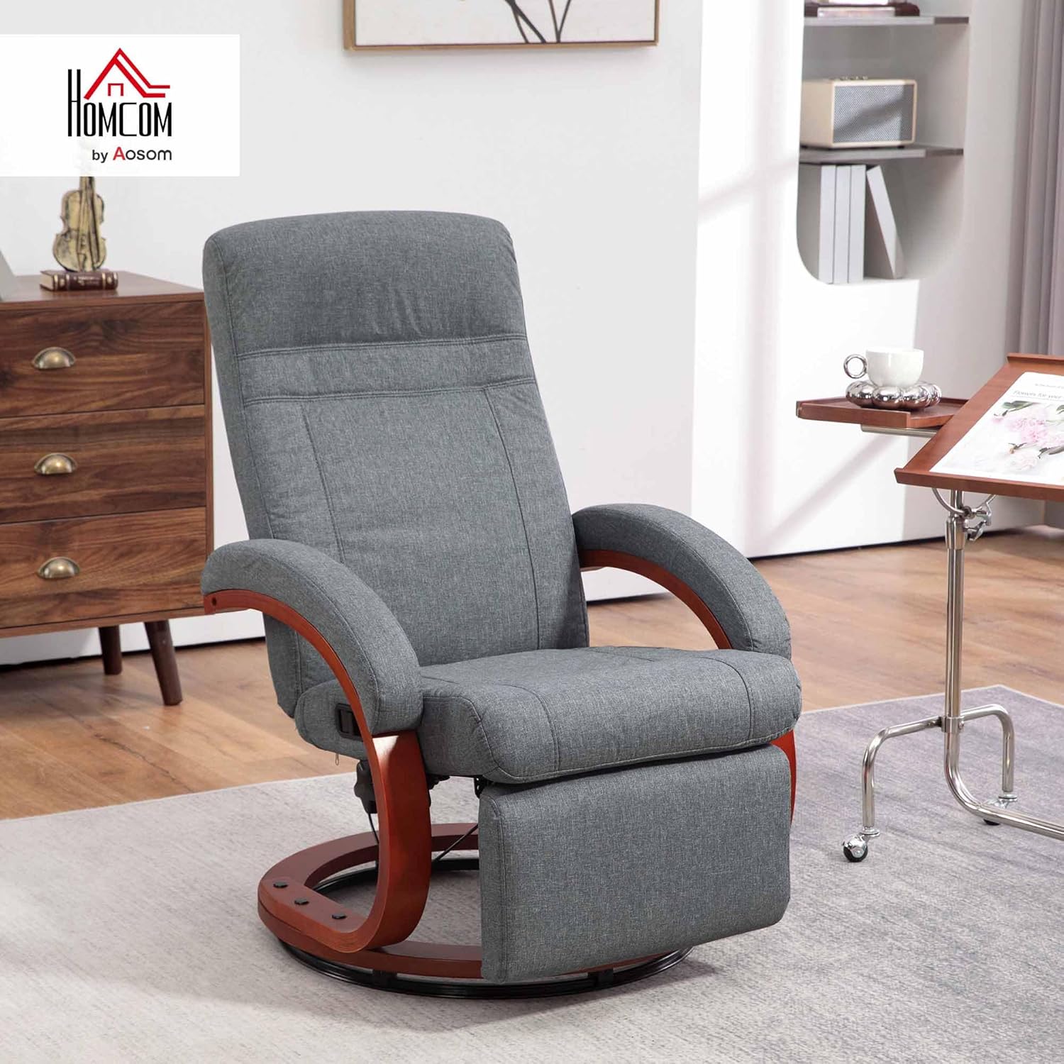 HOMCOM Relaxsessel mit Liegefunktion Fernsehsessel mit hoher Rückenlehne ergonomische Armlehne Fußstütze Holzbasis Leinenoptik, Ruhesessel Liegesessel TV-Sessel für Wohnzimmer Schlafzimmer Grau — Ansicht 2
