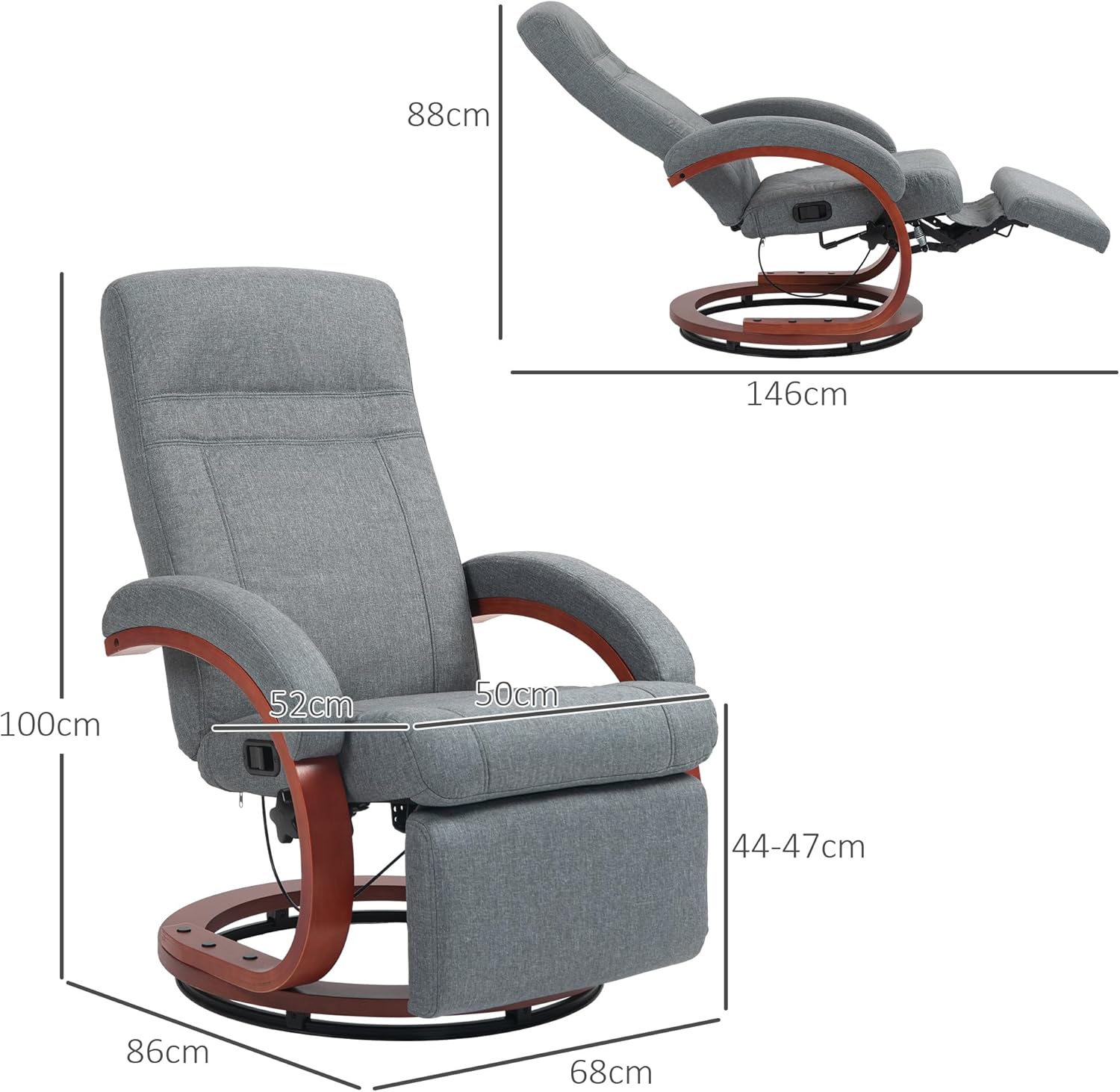 HOMCOM Relaxsessel mit Liegefunktion Fernsehsessel mit hoher Rückenlehne ergonomische Armlehne Fußstütze Holzbasis Leinenoptik, Ruhesessel Liegesessel TV-Sessel für Wohnzimmer Schlafzimmer Grau — Ansicht 3