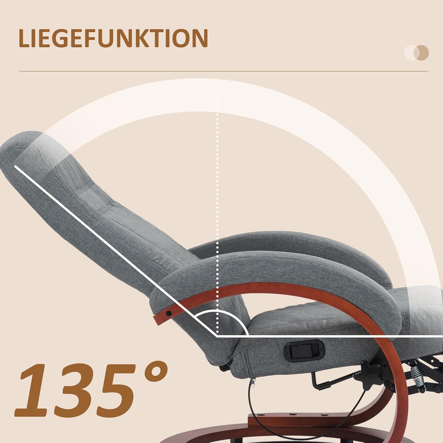 HOMCOM Relaxsessel mit Liegefunktion Fernsehsessel mit hoher Rückenlehne ergonomische Armlehne Fußstütze Holzbasis Leinenoptik, Ruhesessel Liegesessel TV-Sessel für Wohnzimmer Schlafzimmer Grau — Ansicht 4
