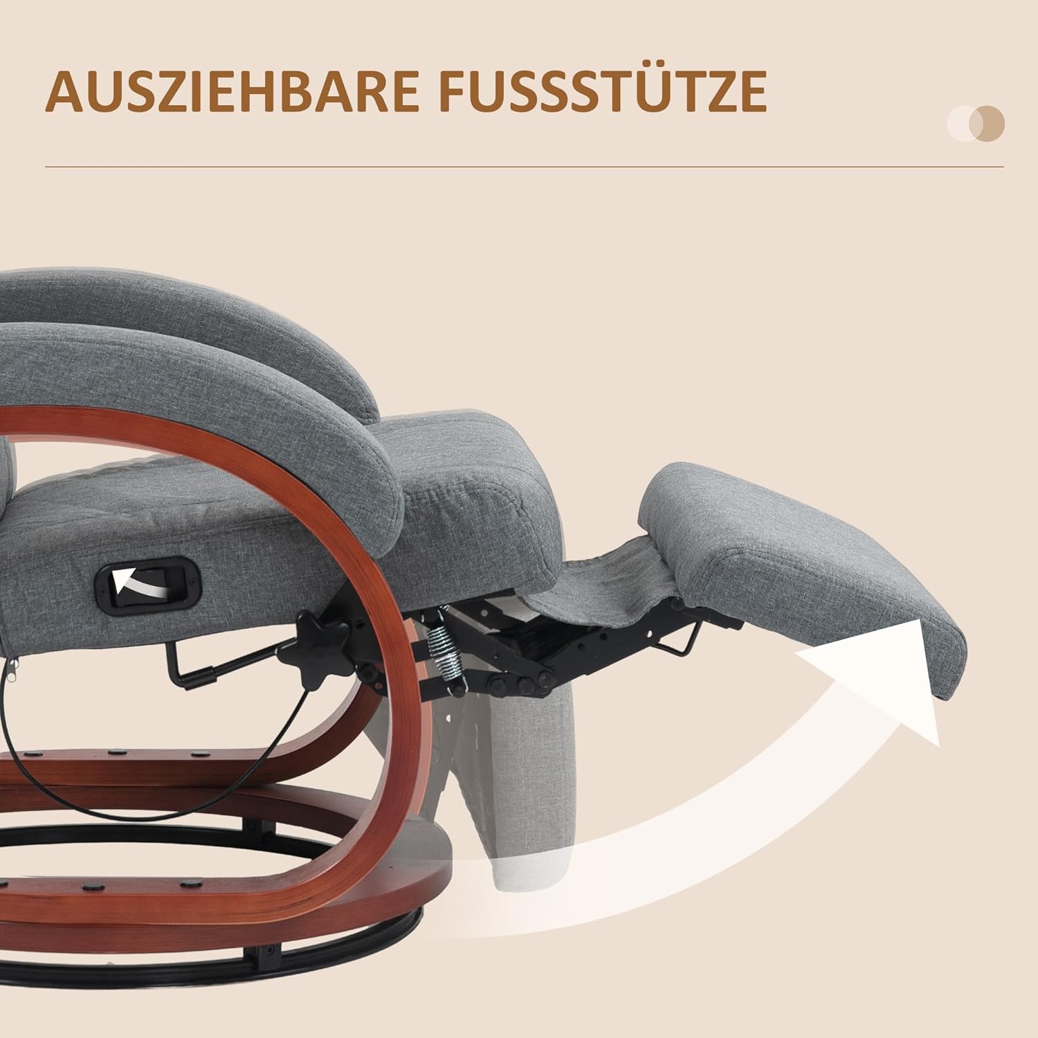 HOMCOM Relaxsessel mit Liegefunktion Fernsehsessel mit hoher Rückenlehne ergonomische Armlehne Fußstütze Holzbasis Leinenoptik, Ruhesessel Liegesessel TV-Sessel für Wohnzimmer Schlafzimmer Grau — Ansicht 5