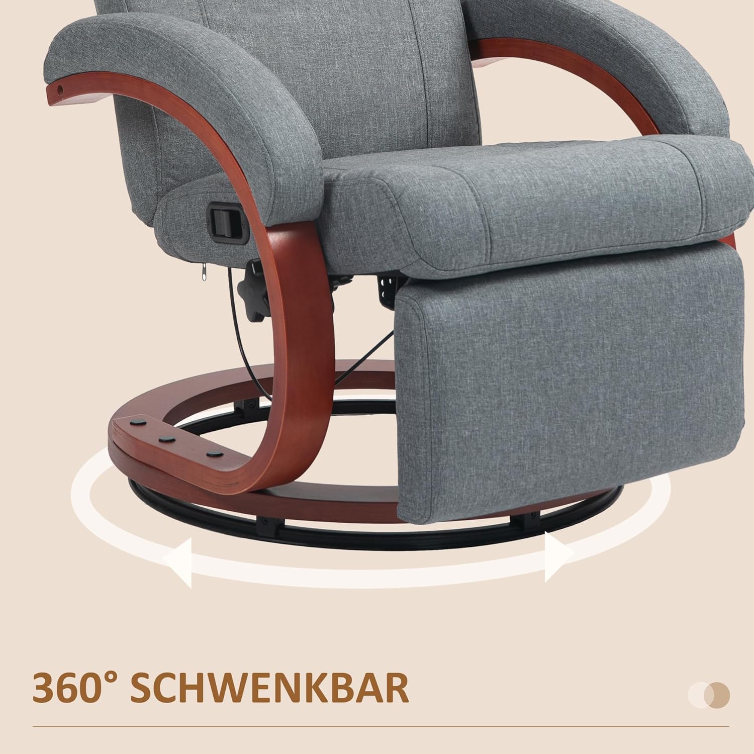 HOMCOM Relaxsessel mit Liegefunktion Fernsehsessel mit hoher Rückenlehne ergonomische Armlehne Fußstütze Holzbasis Leinenoptik, Ruhesessel Liegesessel TV-Sessel für Wohnzimmer Schlafzimmer Grau — Ansicht 6