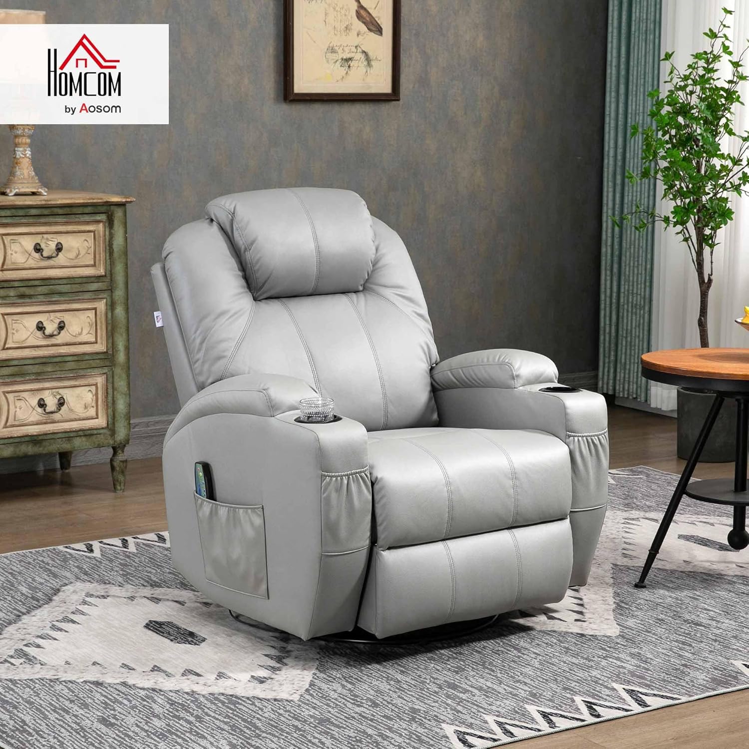 HOMCOM Relaxsessel mit Massagefunktion, Elektrisch Fernsehsessel mit Liegefunktion, Wippfunktion, Drehbar Massagesessel mit Federsystem, Fernbedienung, Becherhalter und Seitentasche, Grau — Ansicht 2