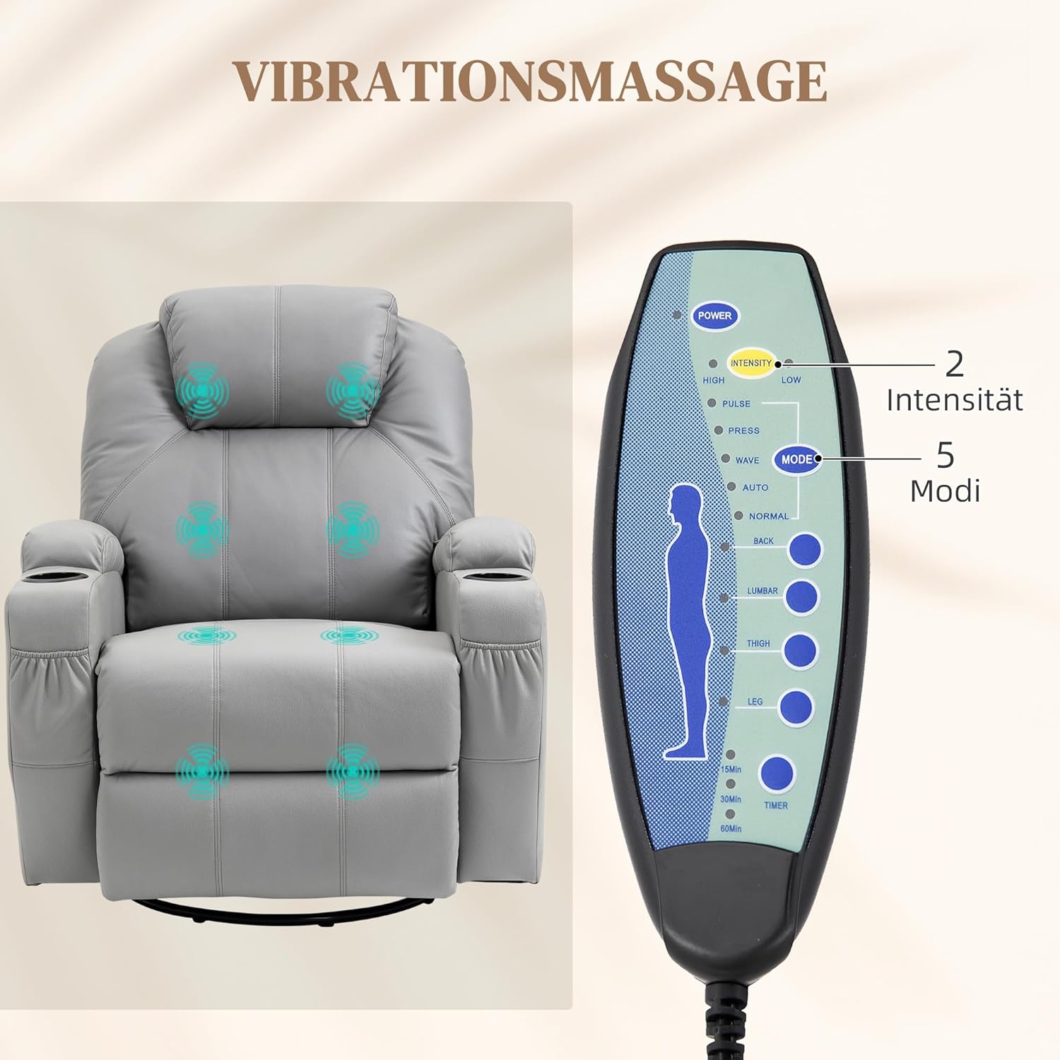HOMCOM Relaxsessel mit Massagefunktion, Elektrisch Fernsehsessel mit Liegefunktion, Wippfunktion, Drehbar Massagesessel mit Federsystem, Fernbedienung, Becherhalter und Seitentasche, Grau — Ansicht 4