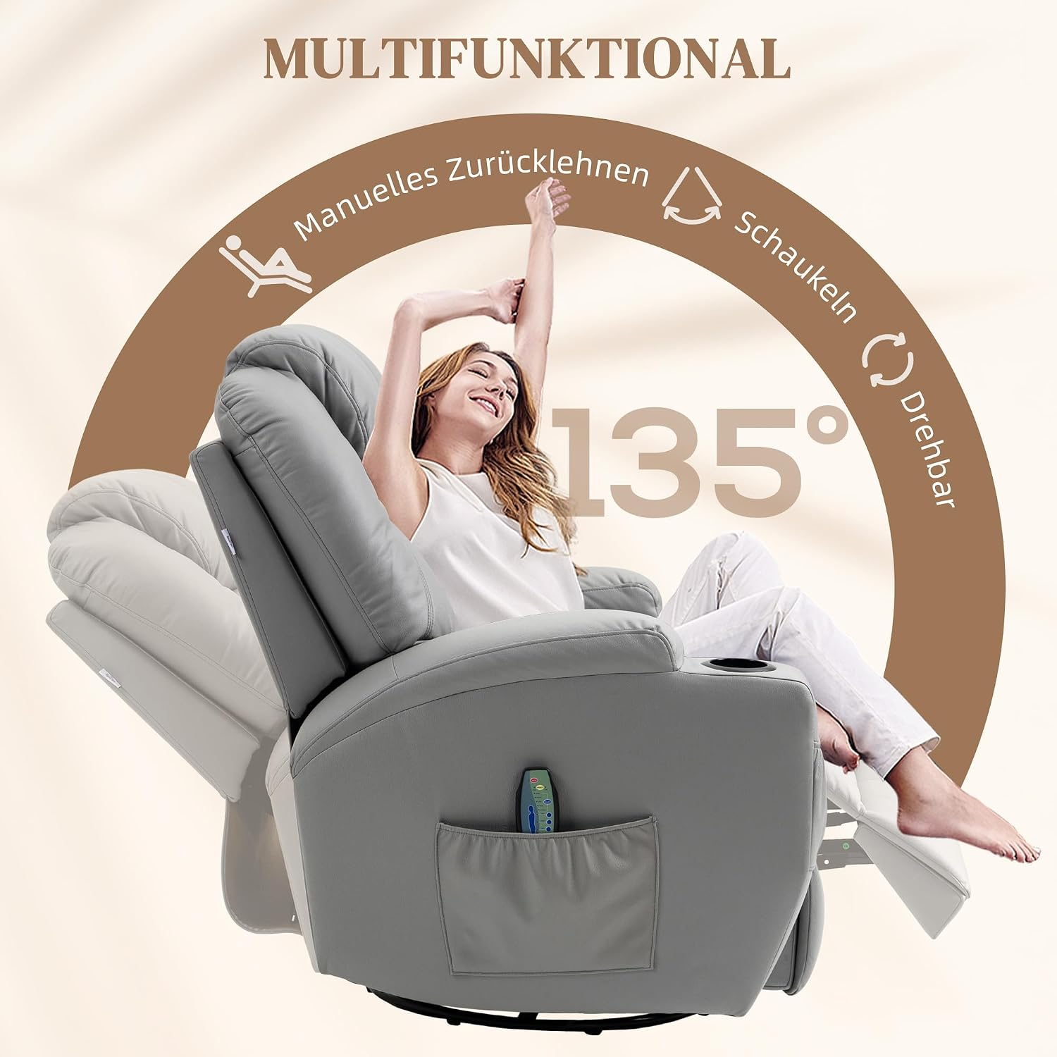 HOMCOM Relaxsessel mit Massagefunktion, Elektrisch Fernsehsessel mit Liegefunktion, Wippfunktion, Drehbar Massagesessel mit Federsystem, Fernbedienung, Becherhalter und Seitentasche, Grau — Ansicht 5