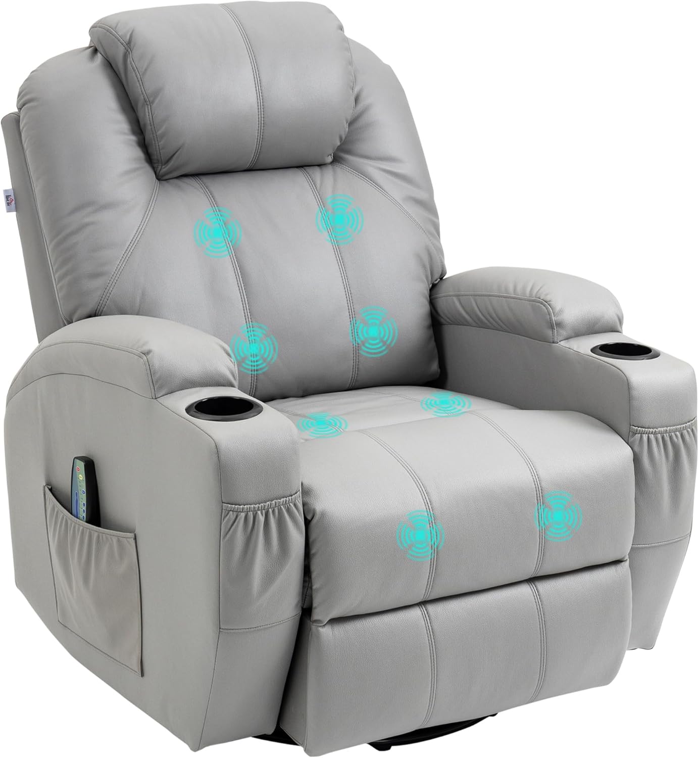 HOMCOM Relaxsessel mit Massagefunktion, Elektrisch Fernsehsessel mit Liegefunktion, Wippfunktion, Drehbar Massagesessel mit Federsystem, Fernbedienung, Becherhalter und Seitentasche, Grau