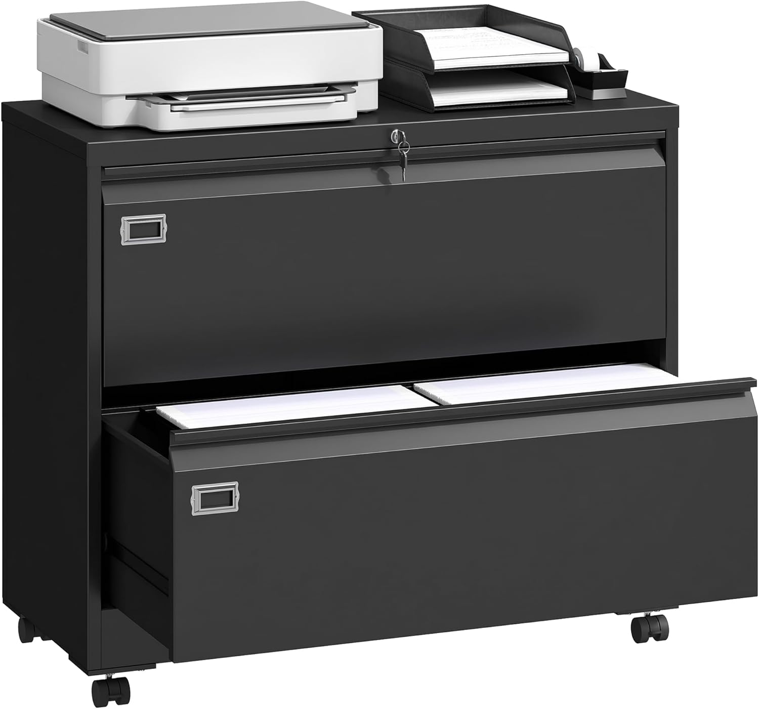 HOMCOM Rollcontainer mit 2 Schubladen mobiler Aktenschrank mit Rollen abschließbar Büroschrank mit verstellbarem Hängeregistratur, Schubladenschrank für Büro, Homeoffice, 90 x 40 x 77,4 cm, Schwarz
