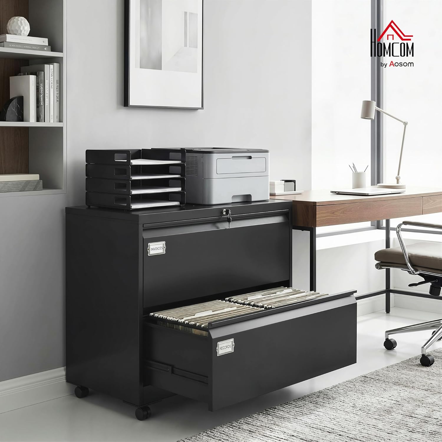 HOMCOM Rollcontainer mit 2 Schubladen mobiler Aktenschrank mit Rollen abschließbar Büroschrank mit verstellbarem Hängeregistratur, Schubladenschrank für Büro, Homeoffice, 90 x 40 x 77,4 cm, Schwarz — Ansicht 2