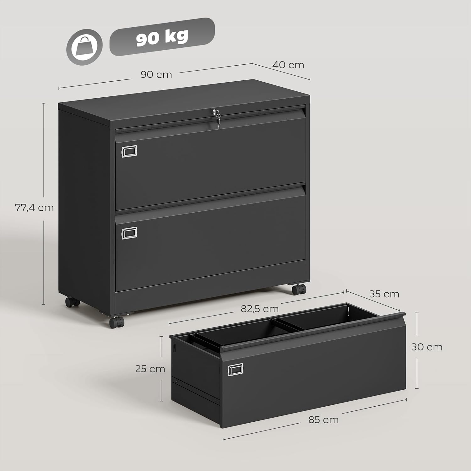 HOMCOM Rollcontainer mit 2 Schubladen mobiler Aktenschrank mit Rollen abschließbar Büroschrank mit verstellbarem Hängeregistratur, Schubladenschrank für Büro, Homeoffice, 90 x 40 x 77,4 cm, Schwarz — Ansicht 3