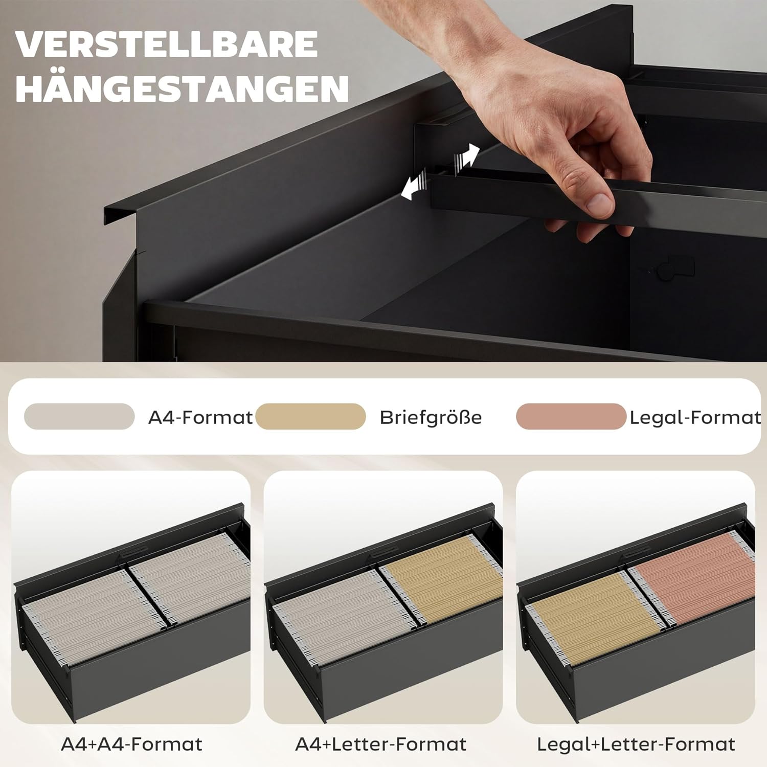HOMCOM Rollcontainer mit 2 Schubladen mobiler Aktenschrank mit Rollen abschließbar Büroschrank mit verstellbarem Hängeregistratur, Schubladenschrank für Büro, Homeoffice, 90 x 40 x 77,4 cm, Schwarz — Ansicht 4
